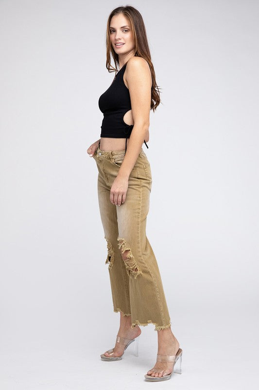 Distressed Vintage Washed Wide Leg Pants-[Adult]-[Female]-2022 Online Blue Zone Planet