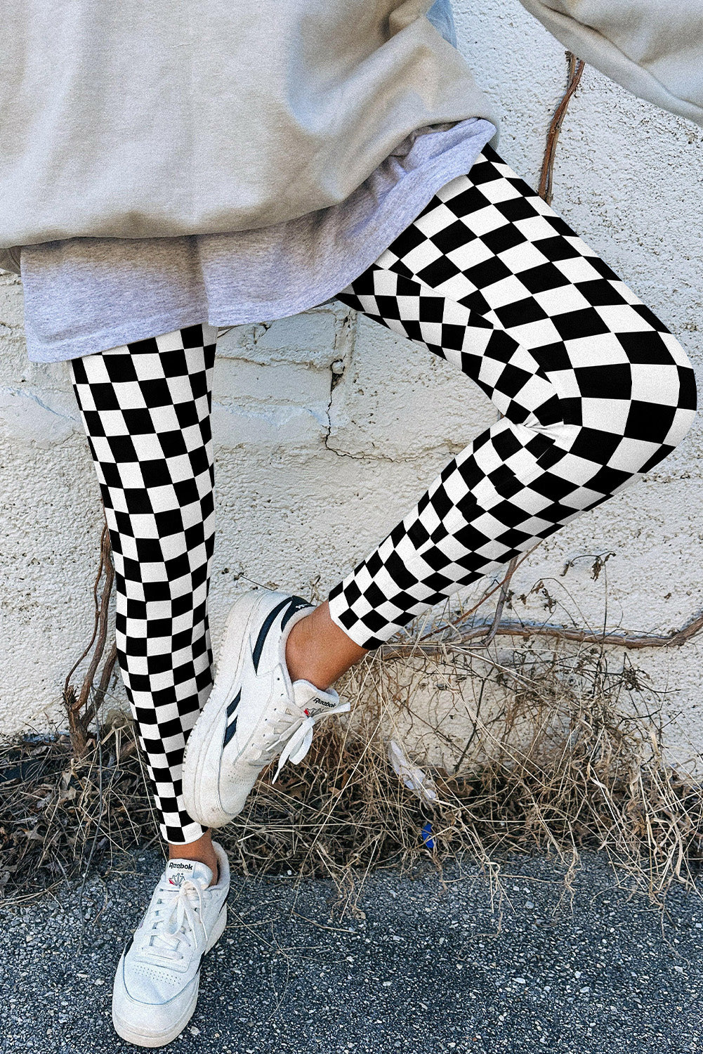 Khaki Checkered Pattern High Waist Skinny Leggings-Leggings-[Adult]-[Female]-2022 Online Blue Zone Planet