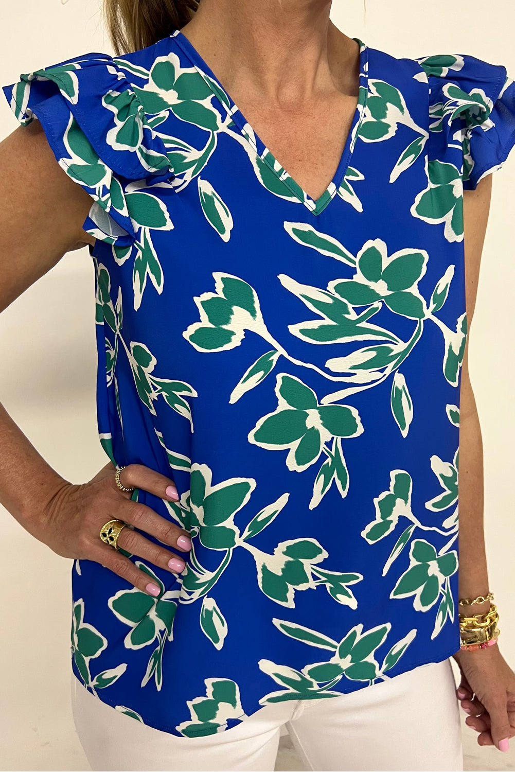 Blue V Neck Floral Print Double Ruffled Short Sleeve Blouse-Tops/Blouses & Shirts-[Adult]-[Female]-Blue-S-2022 Online Blue Zone Planet