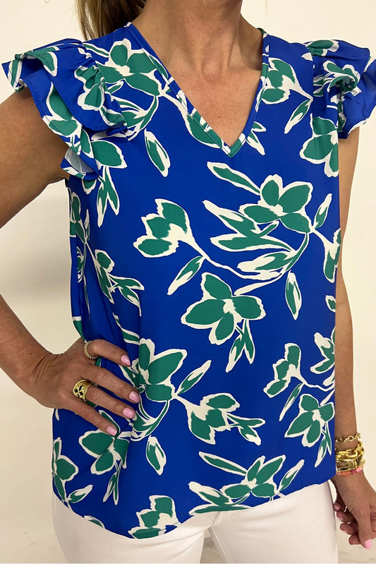 Blue V Neck Floral Print Double Ruffled Short Sleeve Blouse-Tops/Blouses & Shirts-[Adult]-[Female]-Blue-S-2022 Online Blue Zone Planet