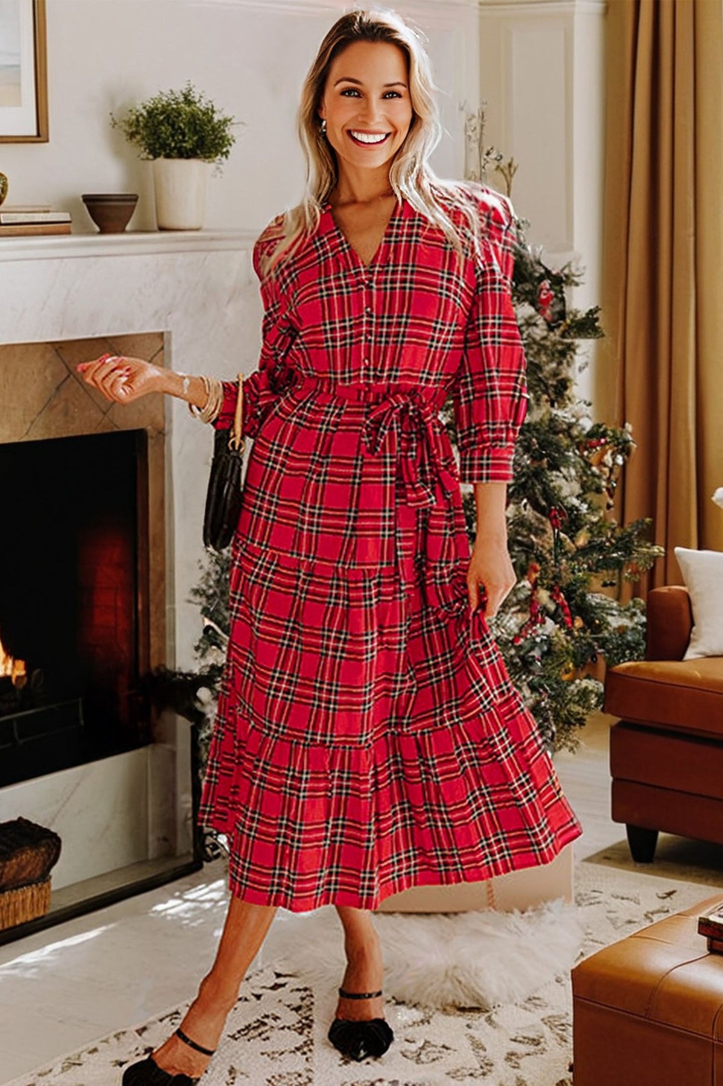 Red Christmas Plaid V Neck 3/4 Sleeve Tie Waist Ruffle Hem Long Dress-TOPS / DRESSES-[Adult]-[Female]-2022 Online Blue Zone Planet