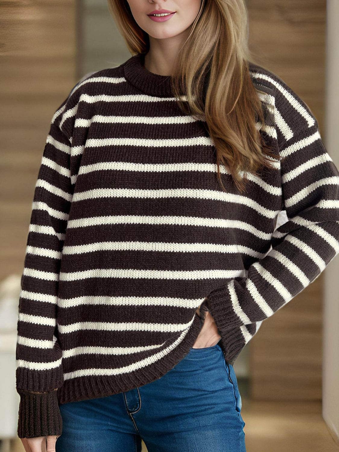 Blue Zone Planet | Striped Round Neck Long Sleeve Sweater-TOPS / DRESSES-[Adult]-[Female]-Chocolate-One Size-2022 Online Blue Zone Planet