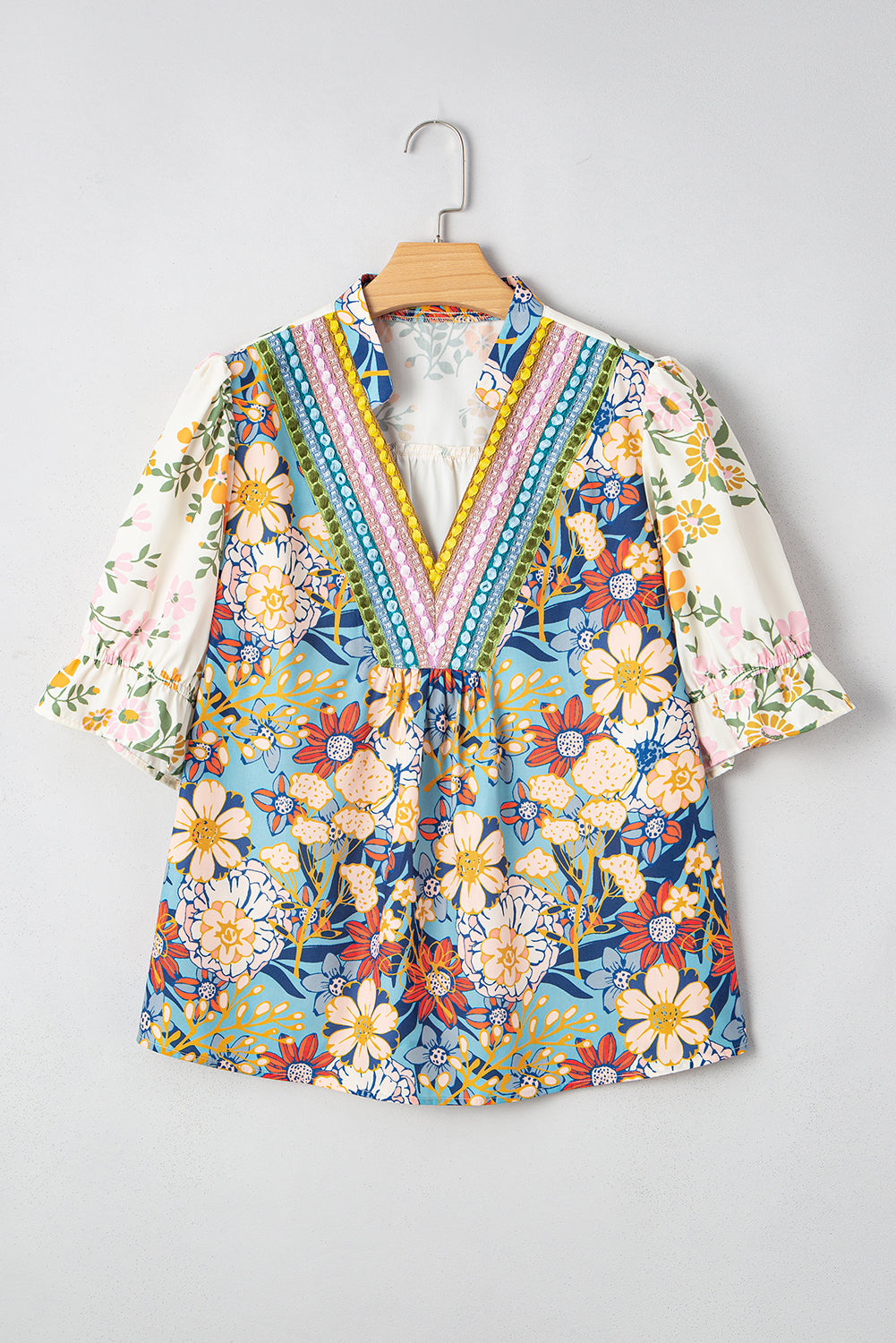 Multicolour Plus Size Floral Print Woven V Neck Half Sleeve Blouse-Plus Size/Plus Size Tops/Plus Size Blouses & Shirts-[Adult]-[Female]-2022 Online Blue Zone Planet