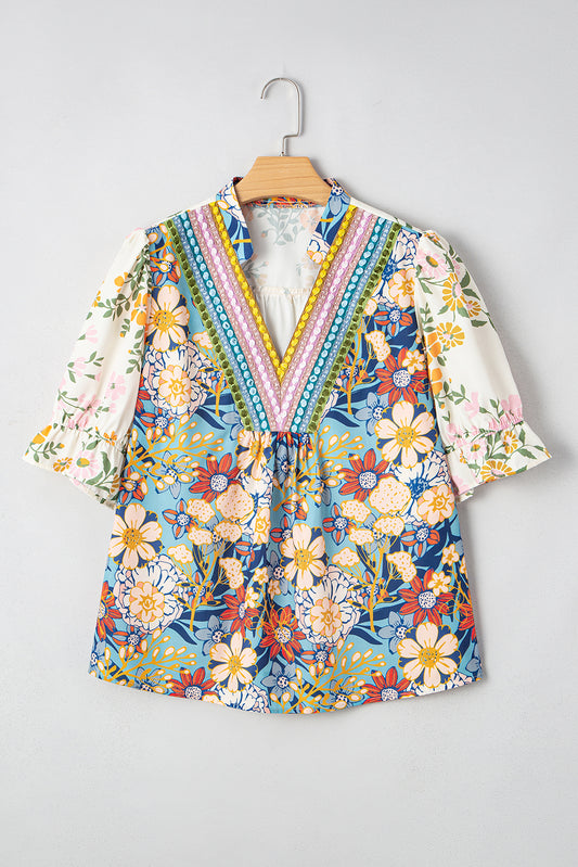 Multicolour Plus Size Floral Print Woven V Neck Half Sleeve Blouse-Plus Size/Plus Size Tops/Plus Size Blouses & Shirts-[Adult]-[Female]-2022 Online Blue Zone Planet