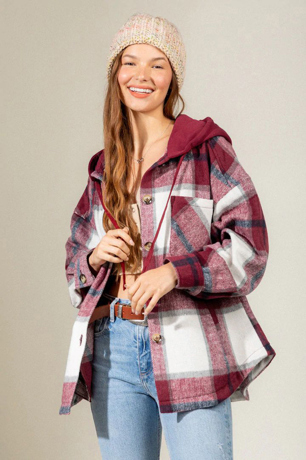 Drawstring Plaid Dropped Shoulder Hooded Shacket-TOPS / DRESSES-[Adult]-[Female]-Burgundy-S-2022 Online Blue Zone Planet