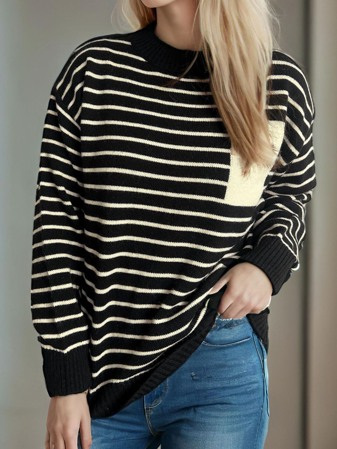 Blue Zone Planet | Striped Mock Neck Long Sleeve Sweater-TOPS / DRESSES-[Adult]-[Female]-2022 Online Blue Zone Planet