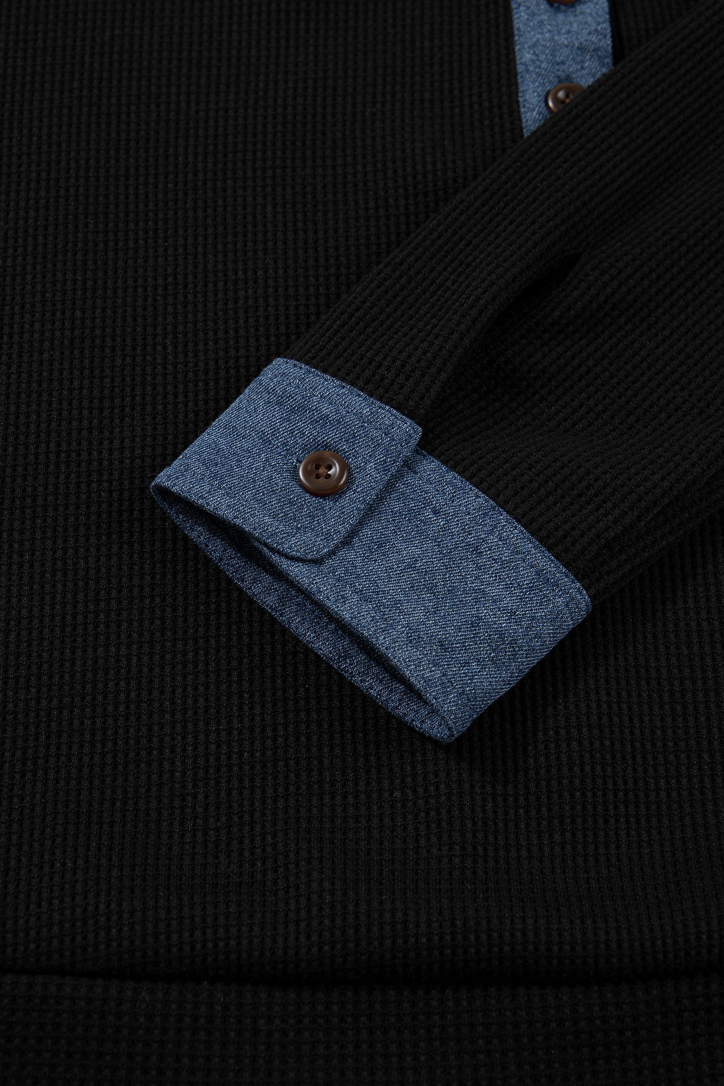 Black Textured Knit Denim Patchwork Button Polo Collar Long Sleeve Top-Tops/Long Sleeve Tops-[Adult]-[Female]-2022 Online Blue Zone Planet