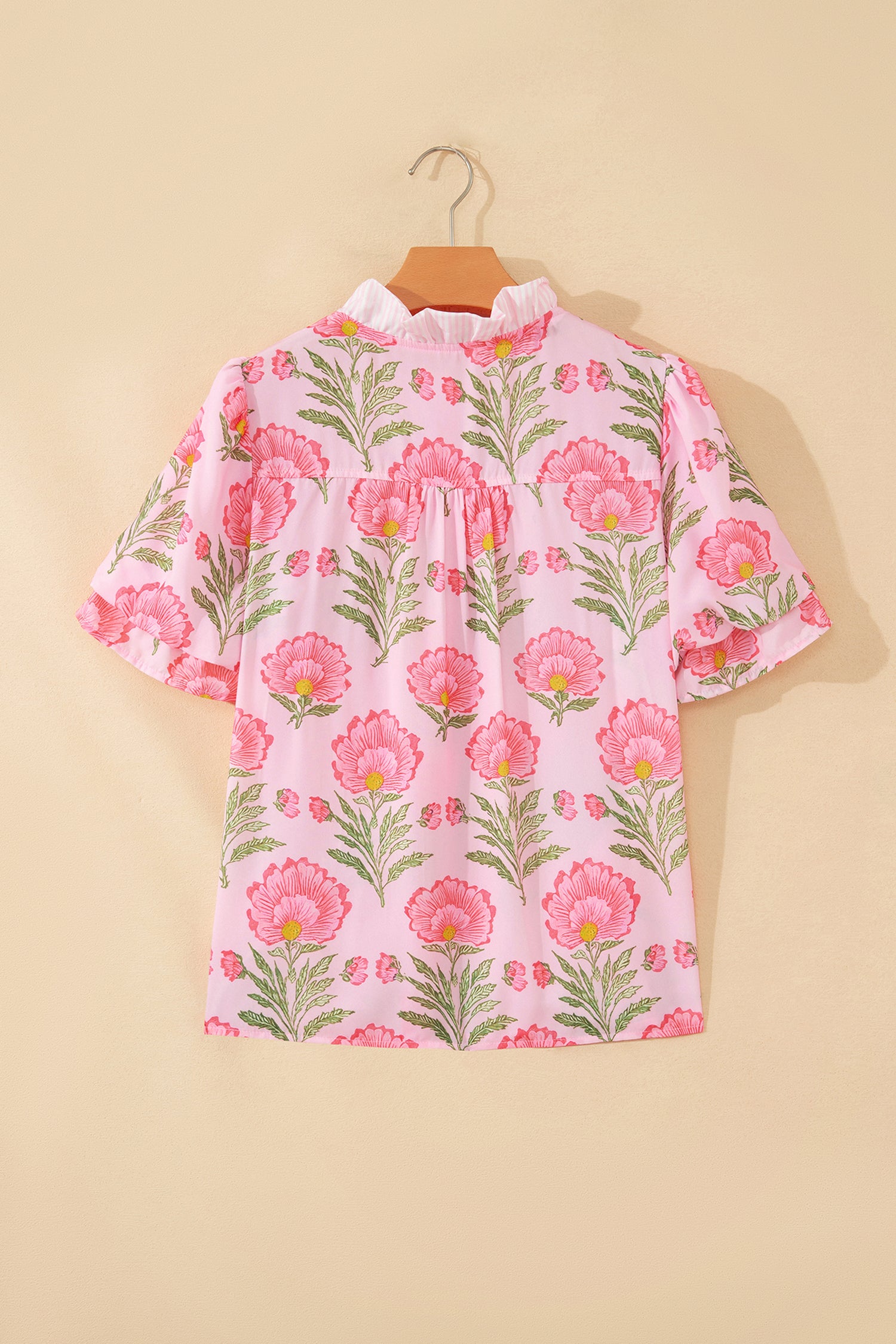Pink Sweet Blooms Ruffle Striped Trim Puff Sleeve Shirt-Tops/Blouses & Shirts-[Adult]-[Female]-2022 Online Blue Zone Planet