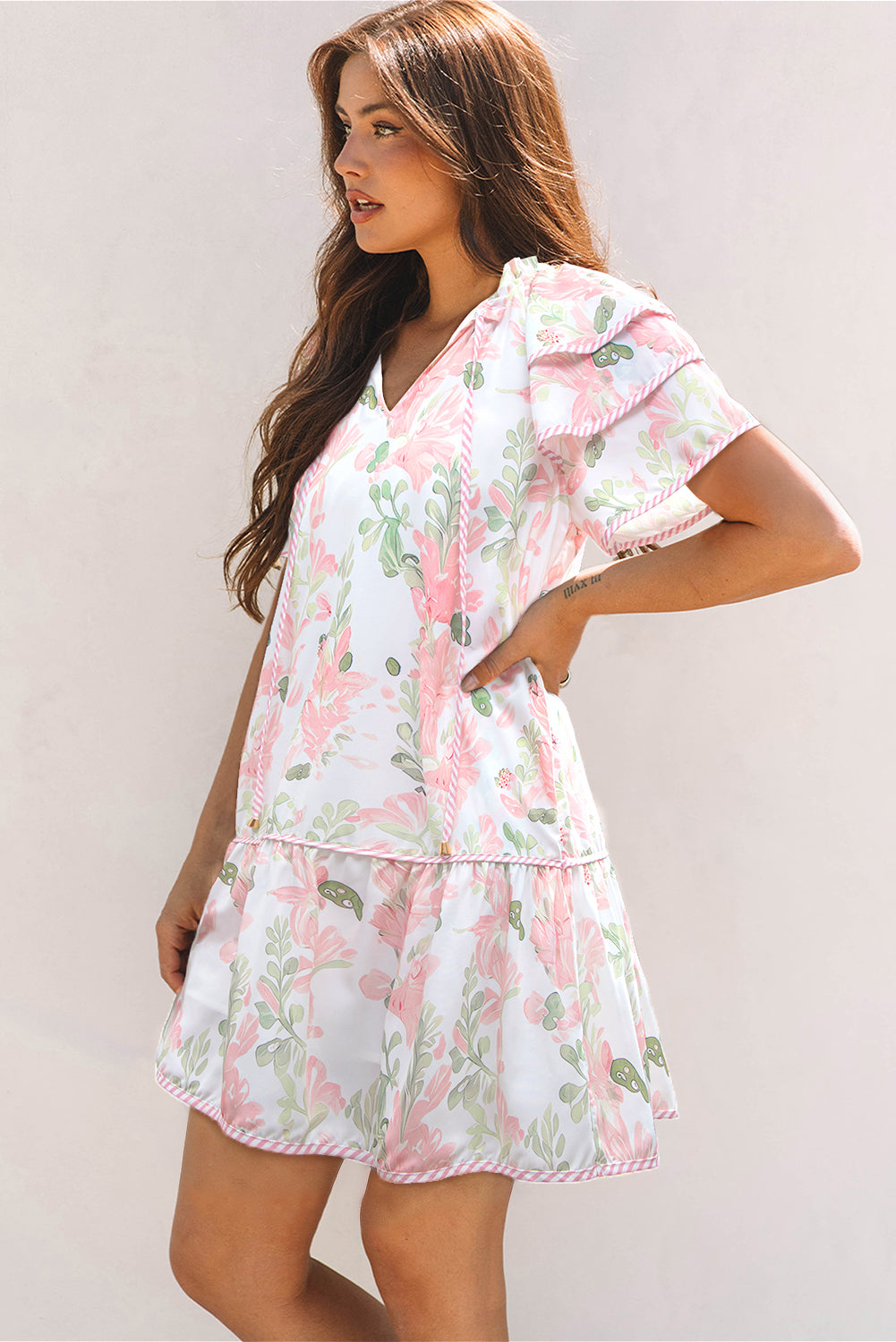 Pink Floral Contrast Edge Layered Short Sleeve Mini Dress-TOPS / DRESSES-[Adult]-[Female]-2022 Online Blue Zone Planet