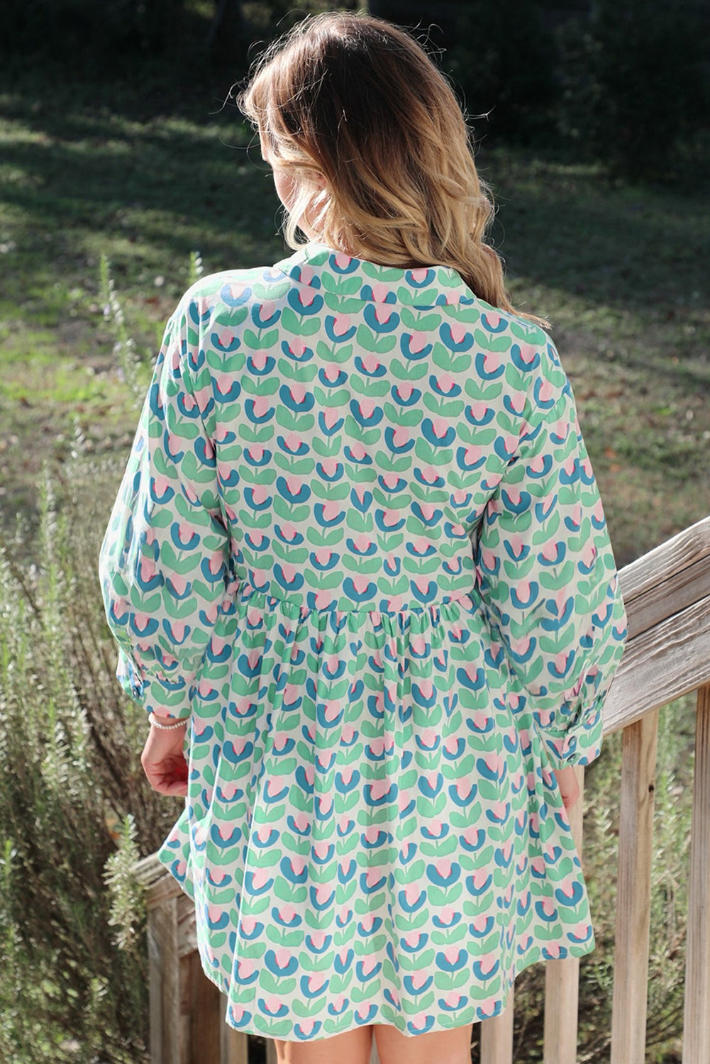 Green Floral Print Notched Neck Scalloped Detail Long Sleeve Mini Dress-TOPS / DRESSES-[Adult]-[Female]-2022 Online Blue Zone Planet