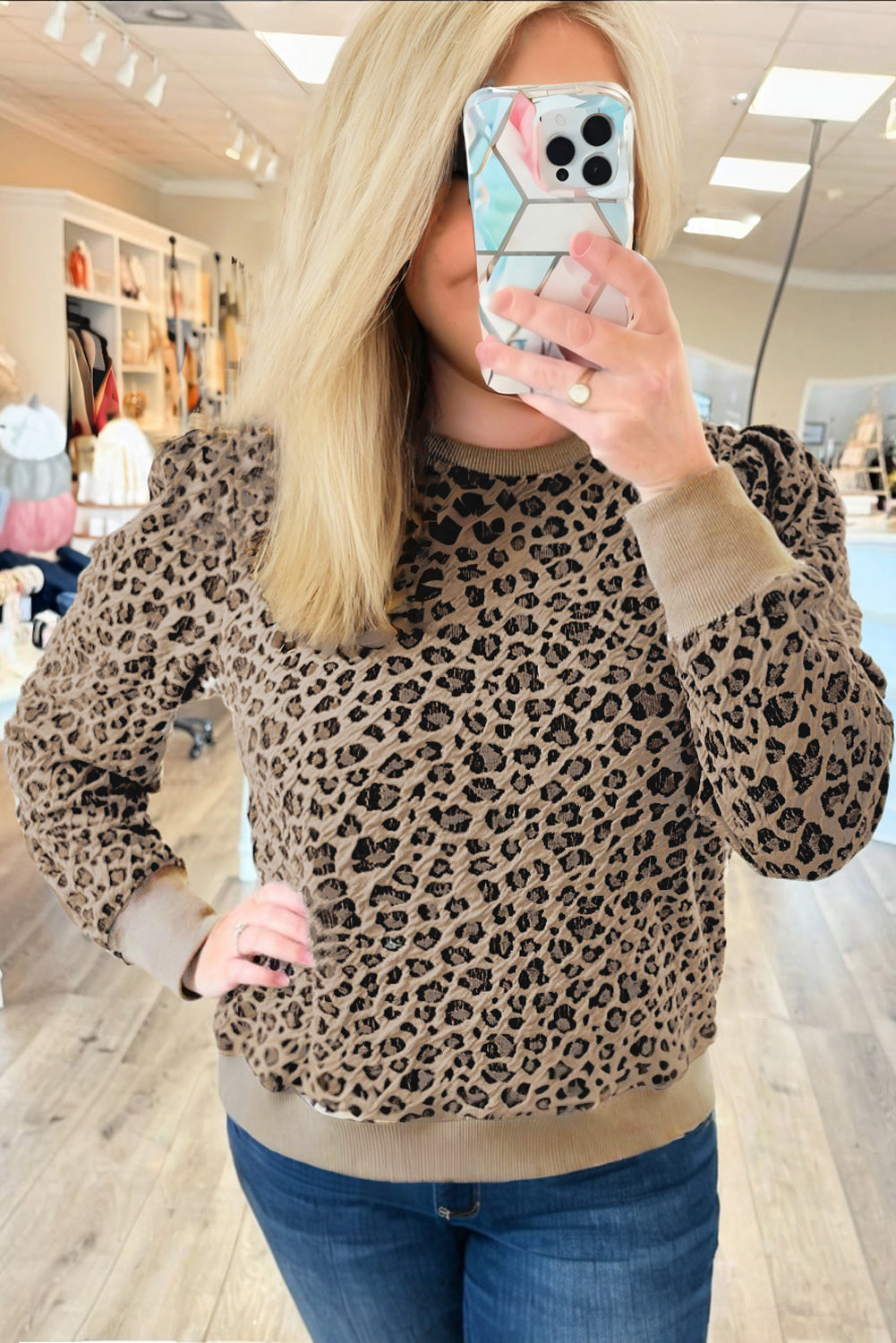 Khaki Leopard Textured Ribbed Trim Plus Size Long Sleeve Top-Plus Size/Plus Size Tops/Plus Size Long Sleeve Tops-[Adult]-[Female]-2022 Online Blue Zone Planet