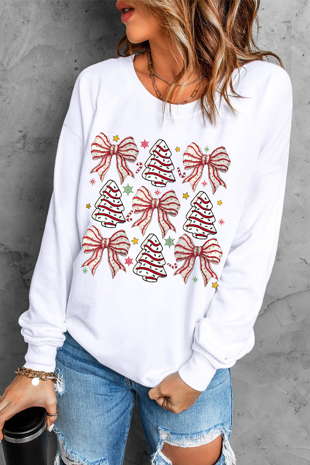 Blue Zone Planet | White Christmas Tree Bowknot Heat Transfer Graphic Sweatshirt-Graphic Sweatshirts-[Adult]-[Female]-2022 Online Blue Zone Planet