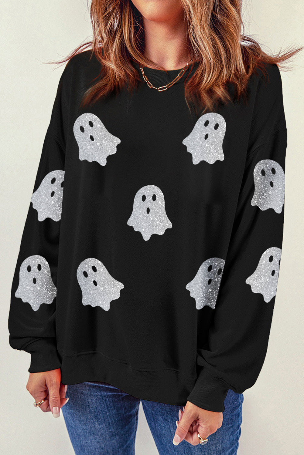 Black Glitter Ghost Pattern Crew Neck Halloween Sweatshirt-Graphic/Graphic Sweatshirts-[Adult]-[Female]-2022 Online Blue Zone Planet