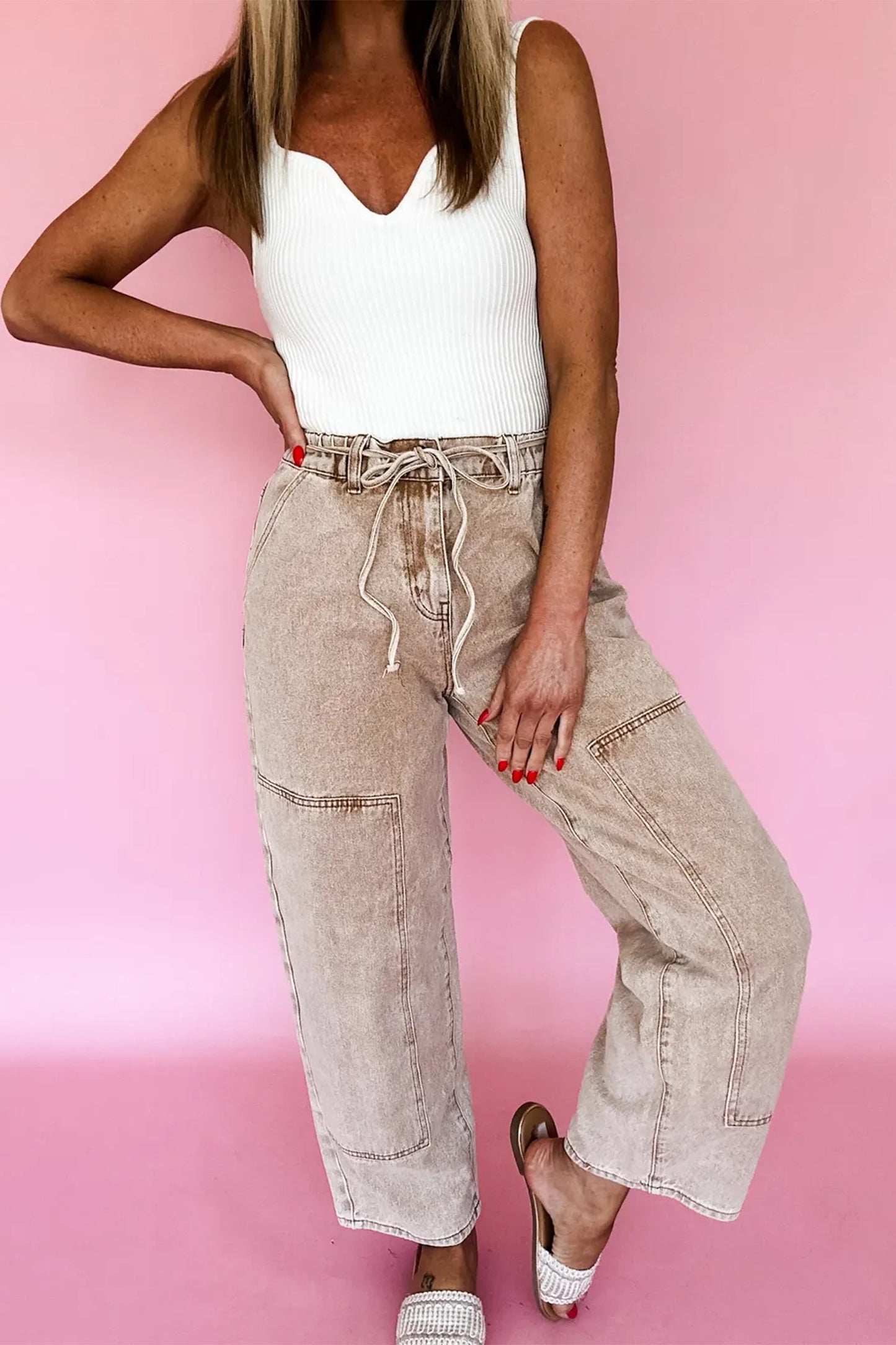 Gray Acid Wash Barrel Fit Denim Pants with Waist String-Bottoms/Jeans-[Adult]-[Female]-2022 Online Blue Zone Planet