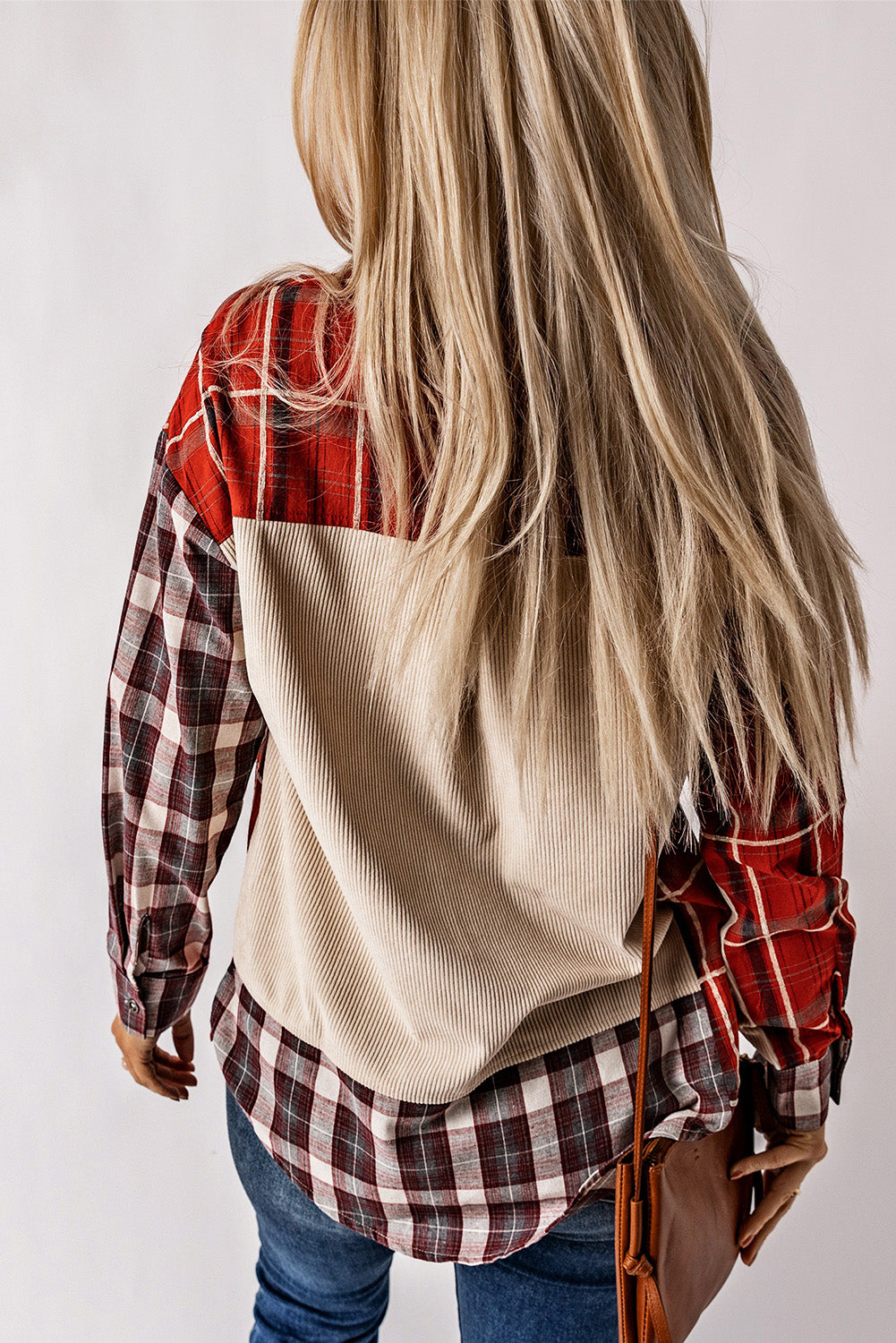 Plaid Corduroy Patchwork Shacket-Outerwear/Plaid Shackets-[Adult]-[Female]-2022 Online Blue Zone Planet