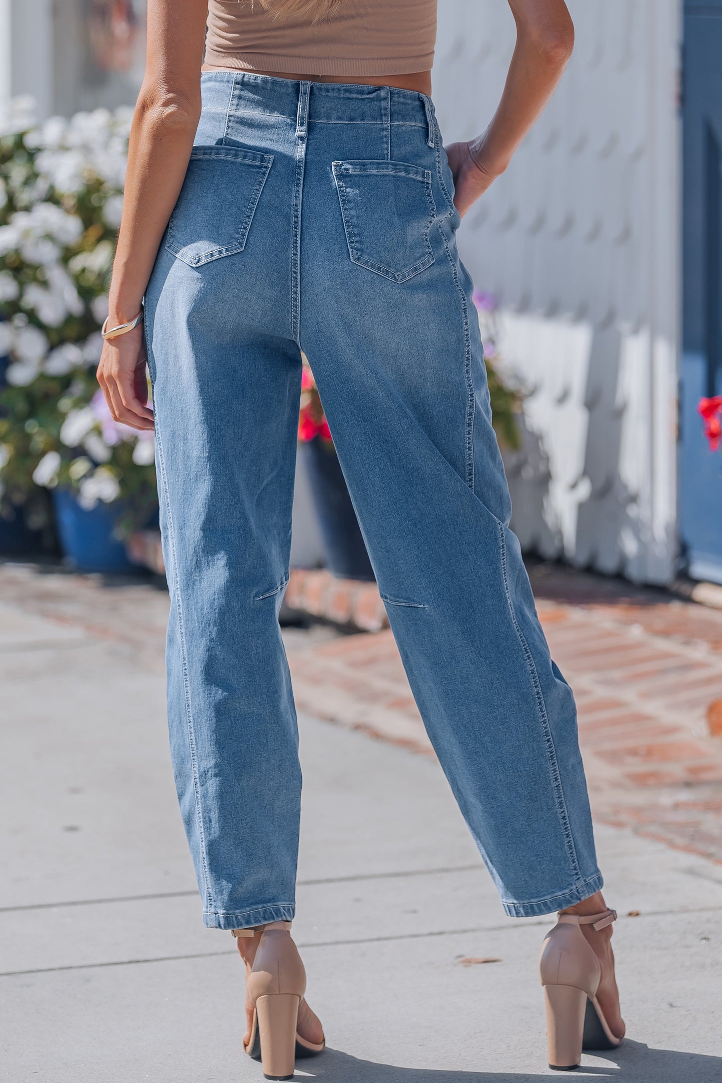 Sky Blue Medium Wash Cuffed Barrel Jeans-TOPS / DRESSES-[Adult]-[Female]-2022 Online Blue Zone Planet