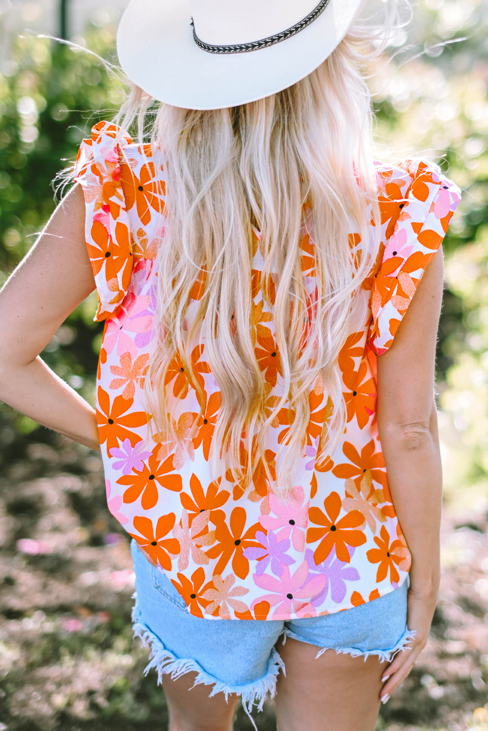 Orange Ruffled Sleeve Smocked Floral Top-Tops/Blouses & Shirts-[Adult]-[Female]-2022 Online Blue Zone Planet
