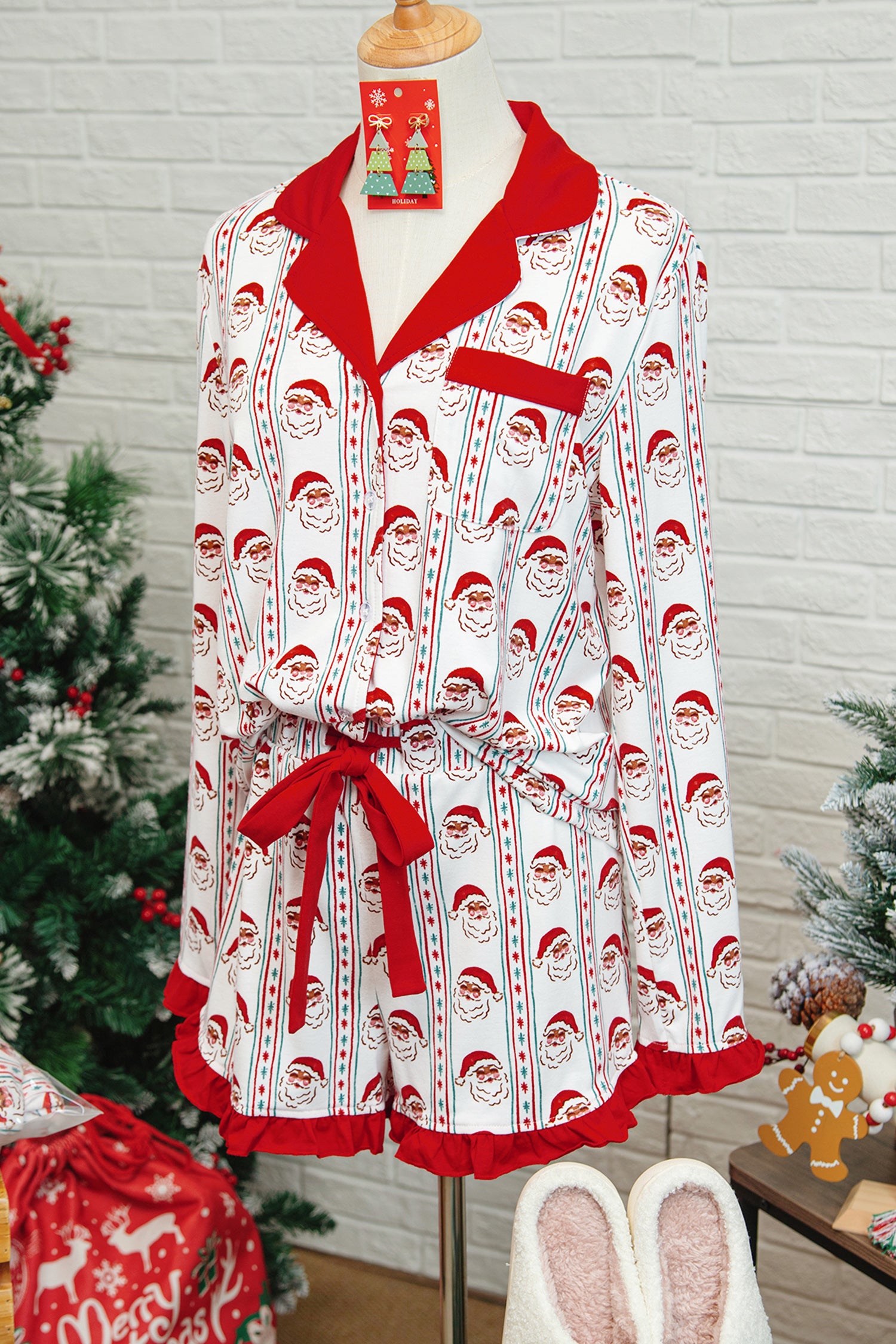 White Santa & Stripes Ruffle PJ Set-Loungewear & Sleepwear/Sleepwear-[Adult]-[Female]-2022 Online Blue Zone Planet