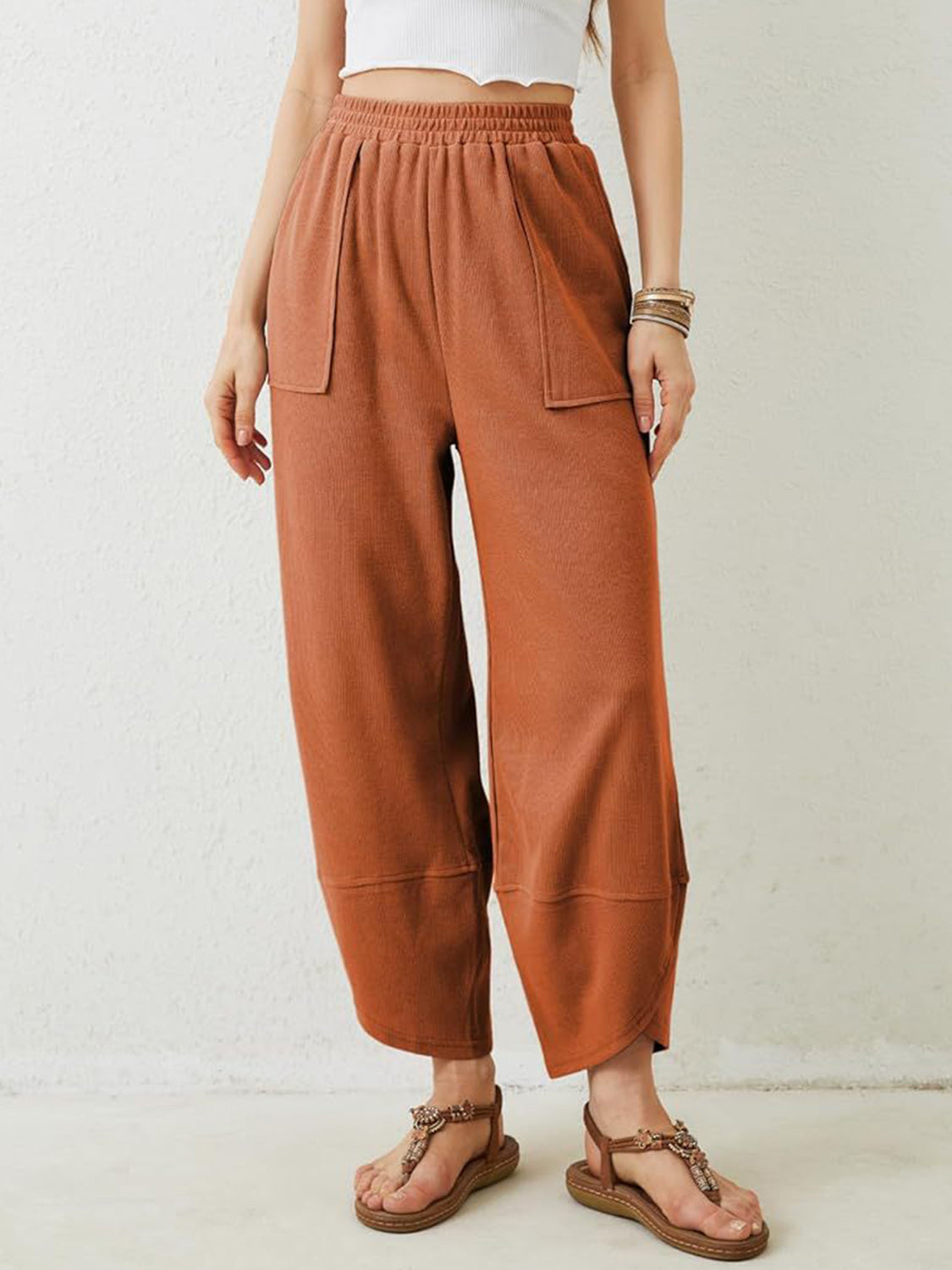 Blue Zone Planet | Lovelet Elastic Waist Wide Leg Pants-BOTTOMS SIZES SMALL MEDIUM LARGE-[Adult]-[Female]-Ochre-S-2022 Online Blue Zone Planet