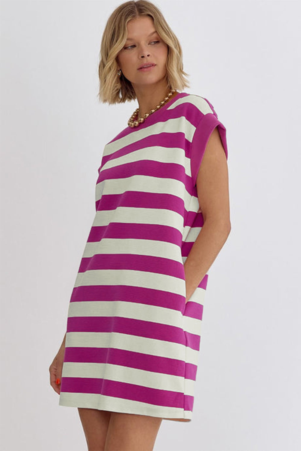 Blue Zone Planet |  Rose Stripe Cap Sleeve Pocketed Shift T-shirt Dress Blue Zone Planet