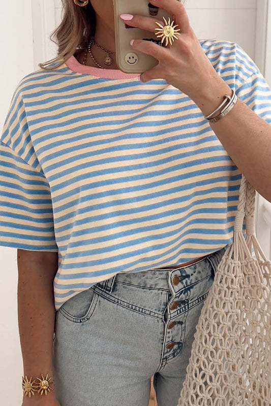 Sky Blue Stripe Contrast Crew Neck Drop Shoulder Loose Tee-Tops/Tops & Tees-[Adult]-[Female]-Sky Blue Stripe-S-2022 Online Blue Zone Planet