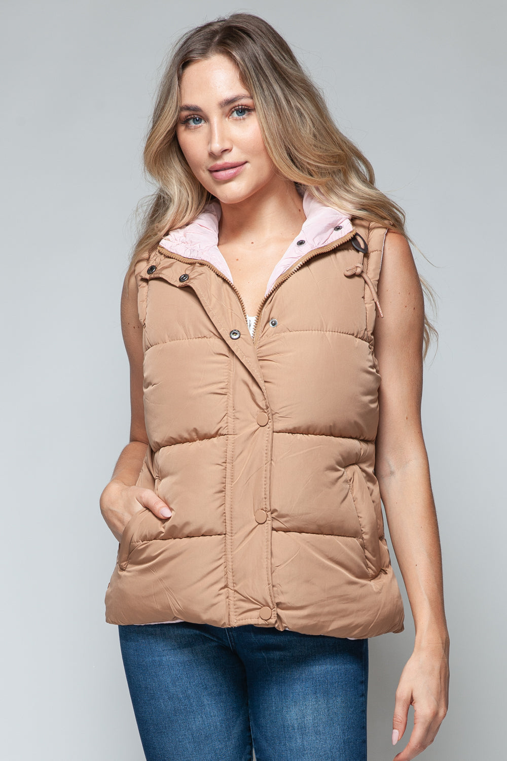 Snobbish Snap and Zip Closure Hooded Vest-TOPS / DRESSES-[Adult]-[Female]-Camel-S-2022 Online Blue Zone Planet