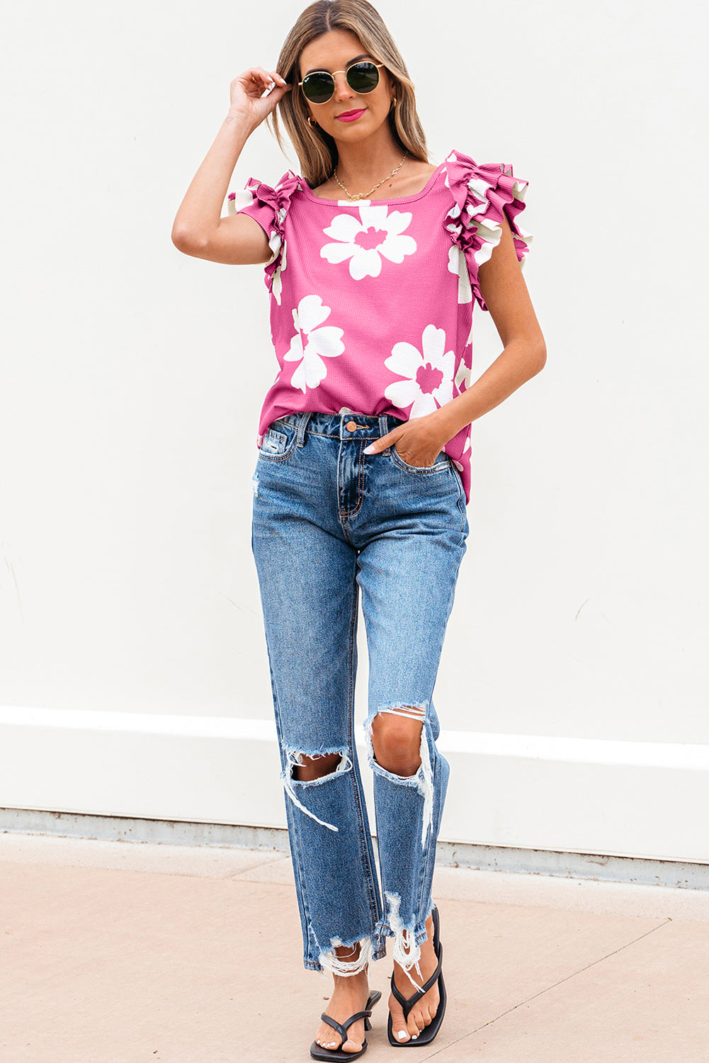 Pink Floral Textured Ruffled Short Sleeve Square Neck Blouse-Tops/Blouses & Shirts-[Adult]-[Female]-2022 Online Blue Zone Planet