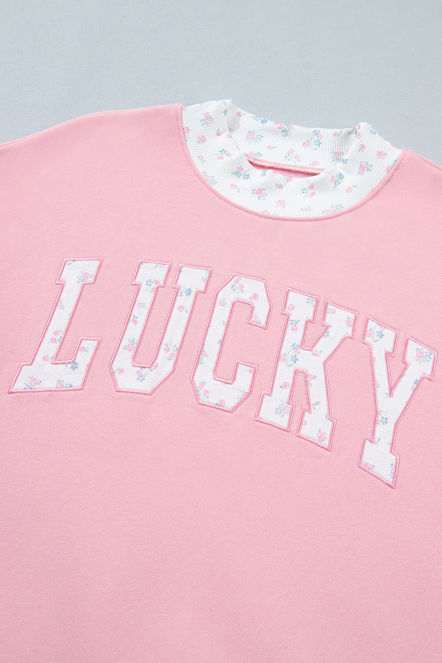 Pink High Neck Floral Patch Embroidery Long Sleeve Sweatshirt-Tops/Sweatshirts & Hoodies-[Adult]-[Female]-2022 Online Blue Zone Planet