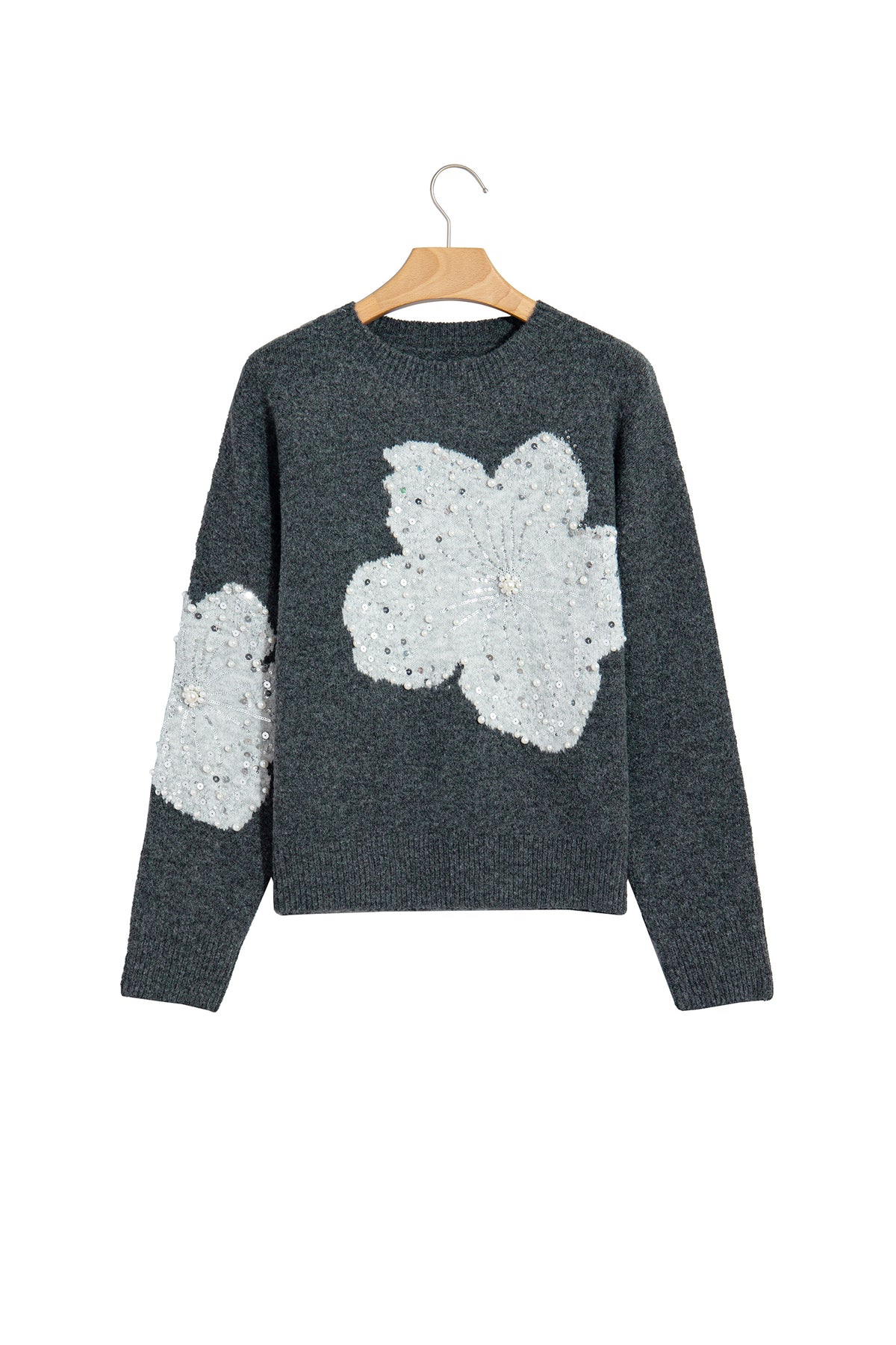 Dark Grey Beaded Floral Accent Casual Round Neck Sweater-TOPS / DRESSES-[Adult]-[Female]-2022 Online Blue Zone Planet