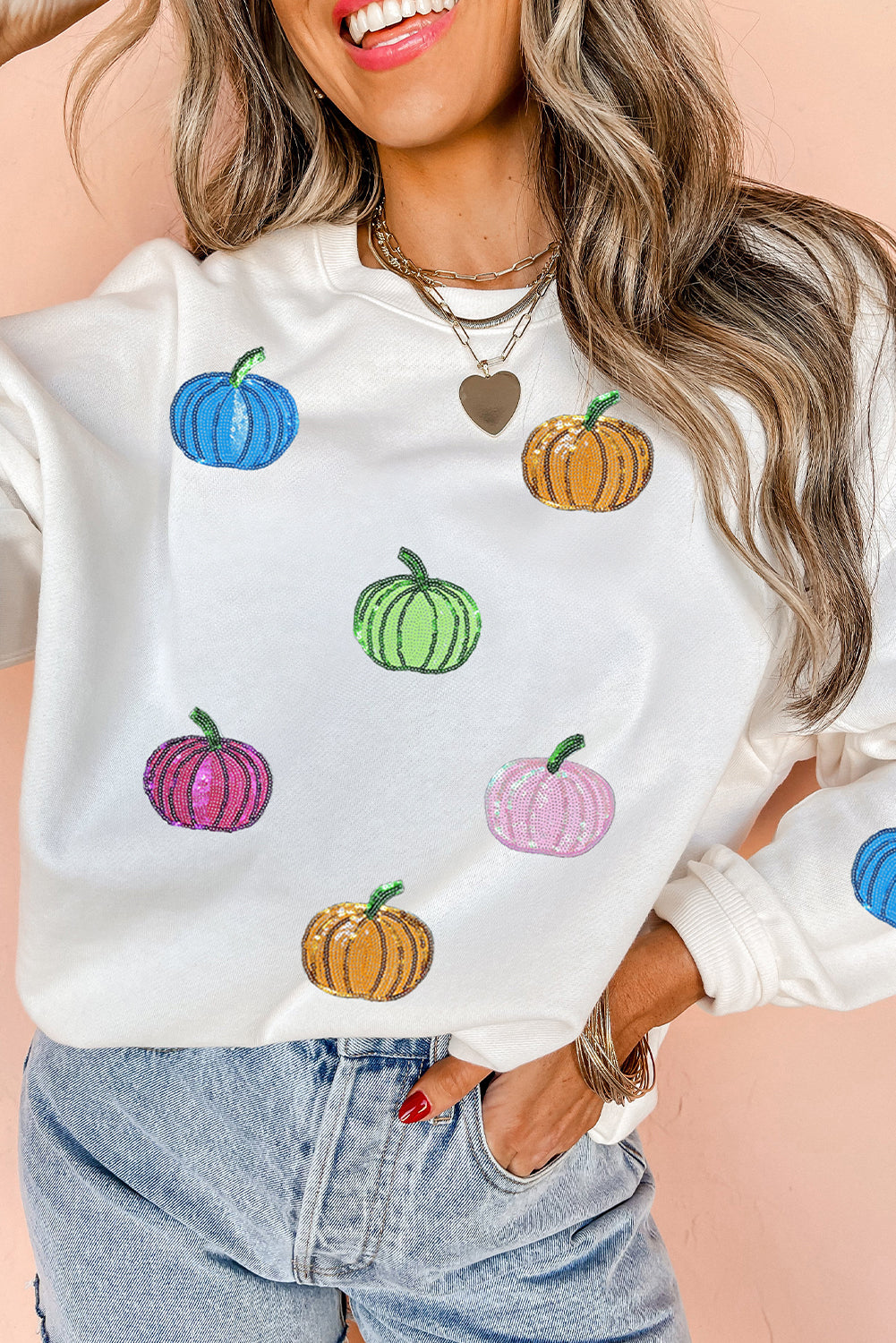 White Colorful Pumpkin Sequin Patched Drop Shoulder Sweatshirt-Graphic/Graphic Sweatshirts-[Adult]-[Female]-White-S-2022 Online Blue Zone Planet