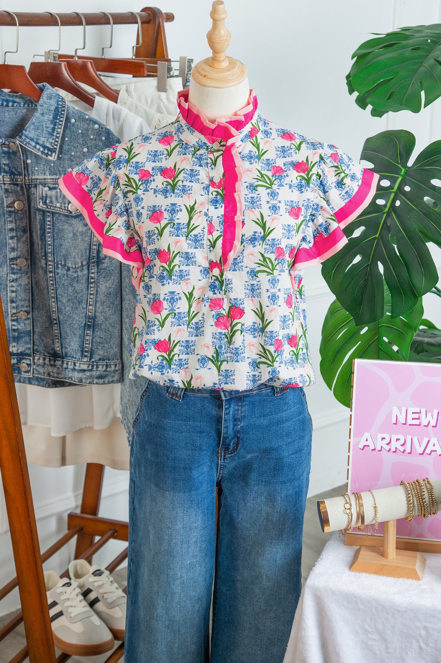 Rose Floral Print Color Block Striped Trim Flutter Sleeve Half Button Blouse-Tops/Blouses & Shirts-[Adult]-[Female]-2022 Online Blue Zone Planet
