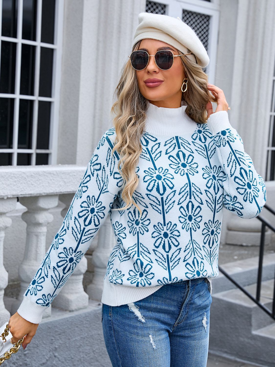 Blue Zone Planet | Flower Turtleneck Long Sleeve Sweater-TOPS / DRESSES-[Adult]-[Female]-2022 Online Blue Zone Planet