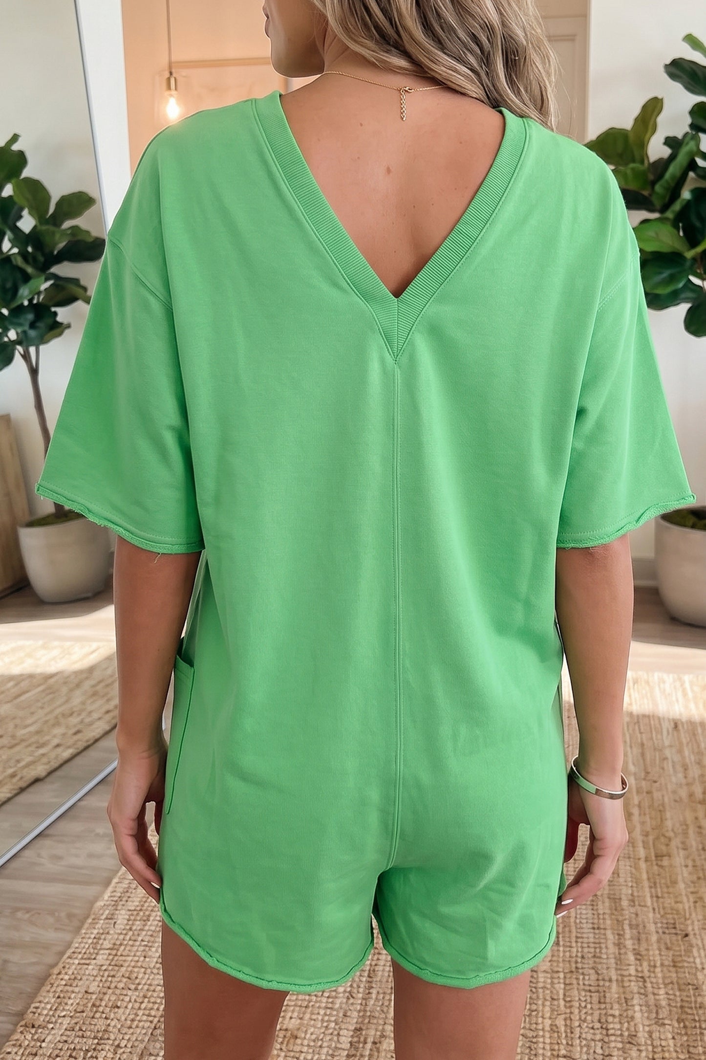 Bright Green Solid Color Raw Edge Half Sleeve Pocketed Loose Romper-Bottoms/Jumpsuits & Rompers-[Adult]-[Female]-2022 Online Blue Zone Planet