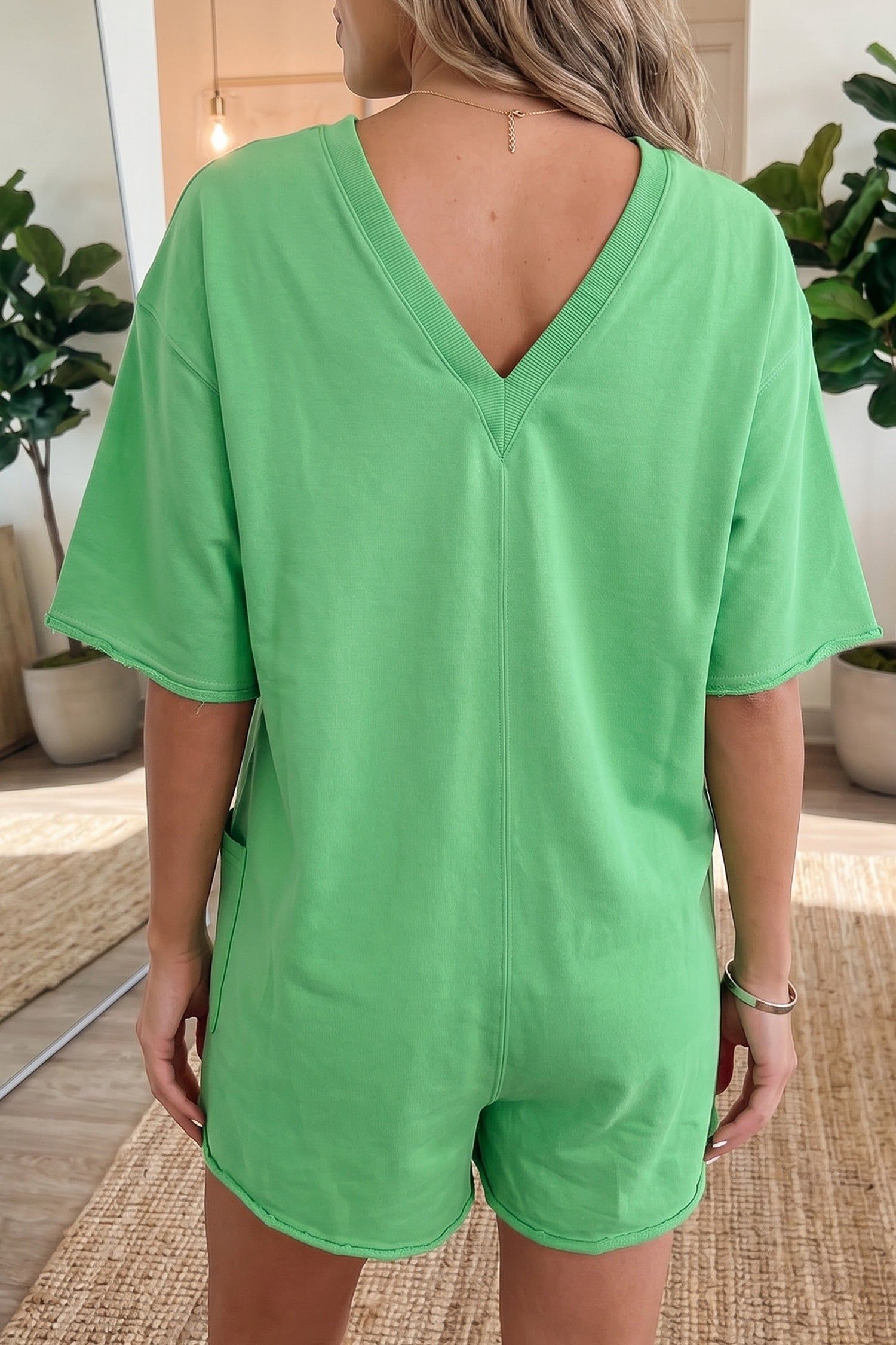 Bright Green Solid Color Raw Edge Half Sleeve Pocketed Loose Romper-Bottoms/Jumpsuits & Rompers-[Adult]-[Female]-2022 Online Blue Zone Planet