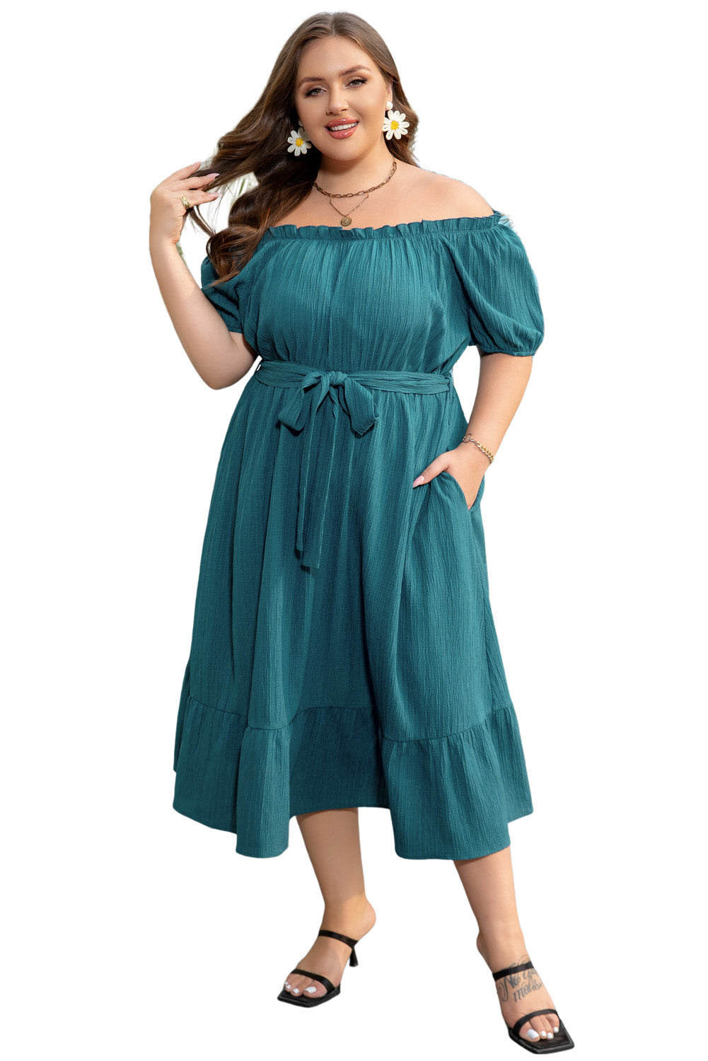 Skobeloff Frilled U Neck Puff Sleeve Belted Ruffle Hem Plus Size Midi Dress-TOPS / DRESSES-[Adult]-[Female]-2022 Online Blue Zone Planet