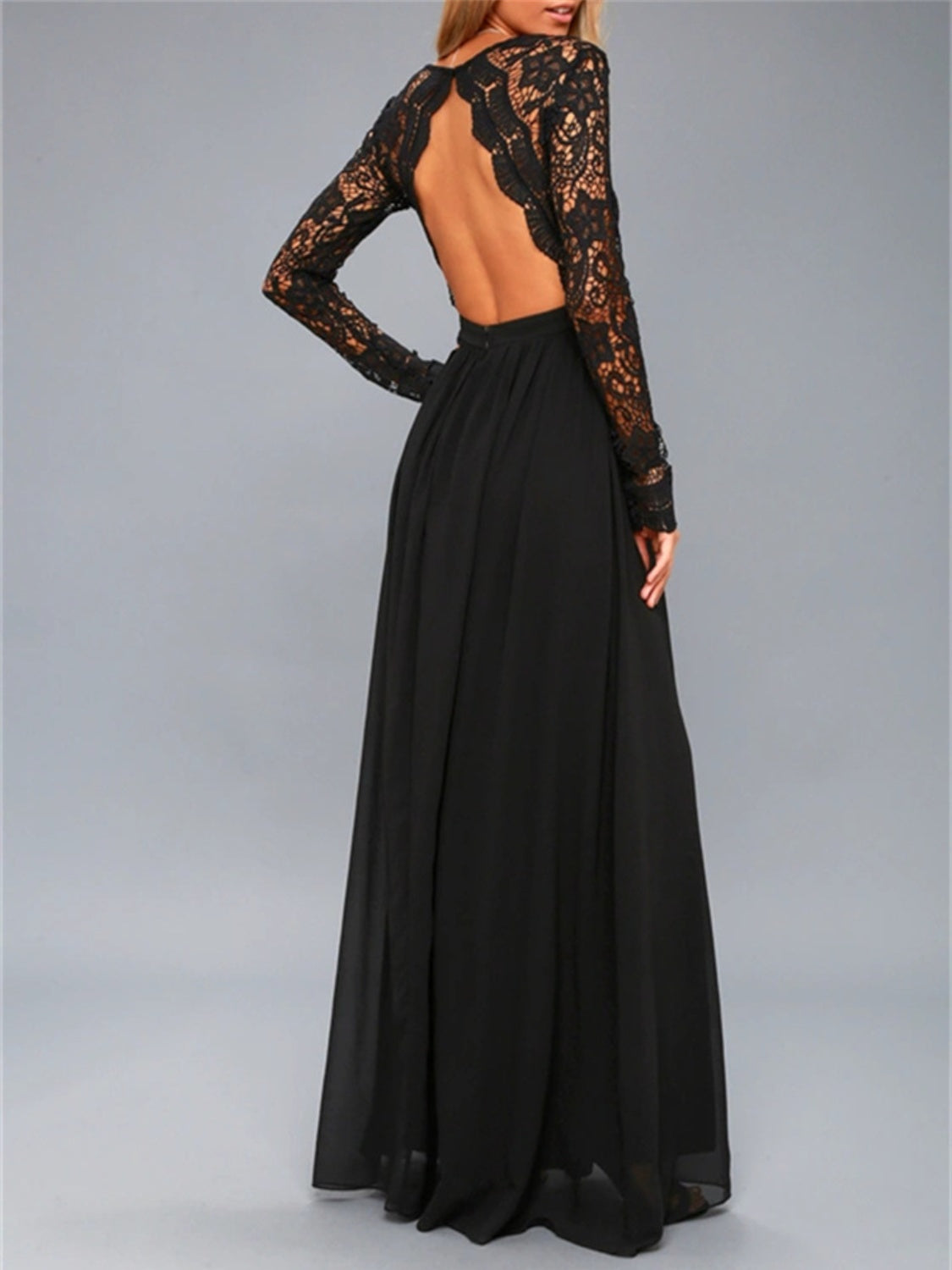 Lace Detail Backless Long Sleeve Maxi Dress-TOPS / DRESSES-[Adult]-[Female]-2022 Online Blue Zone Planet