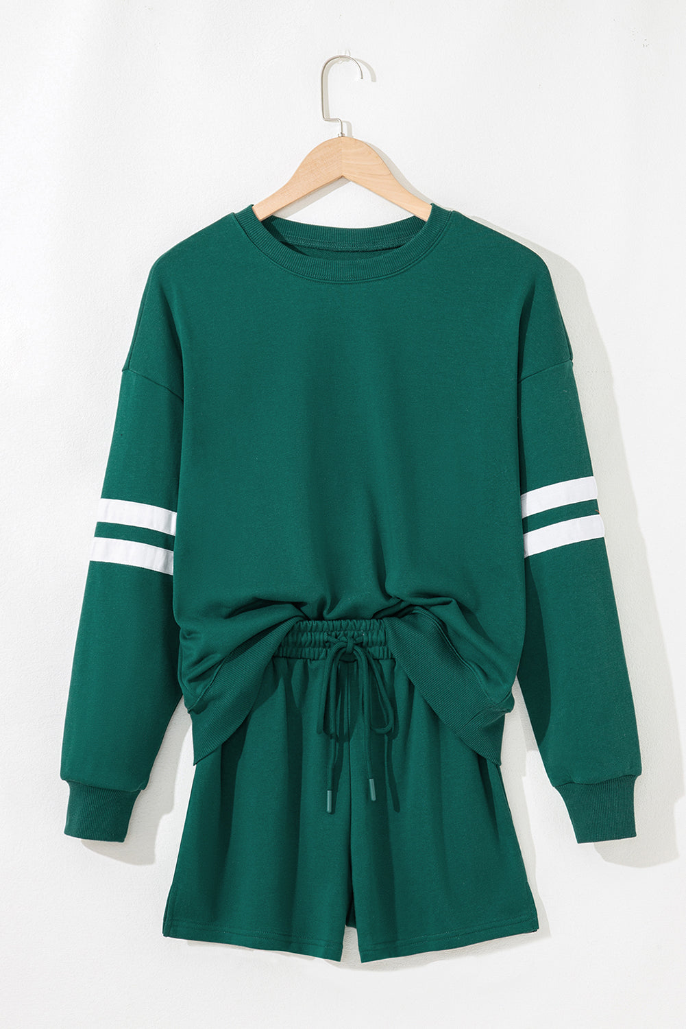 Fiery Red Varsity Striped Sleeve Drop Shoulder Sweatshirt and Short Set-Two Piece Sets/Short Sets-[Adult]-[Female]-2022 Online Blue Zone Planet