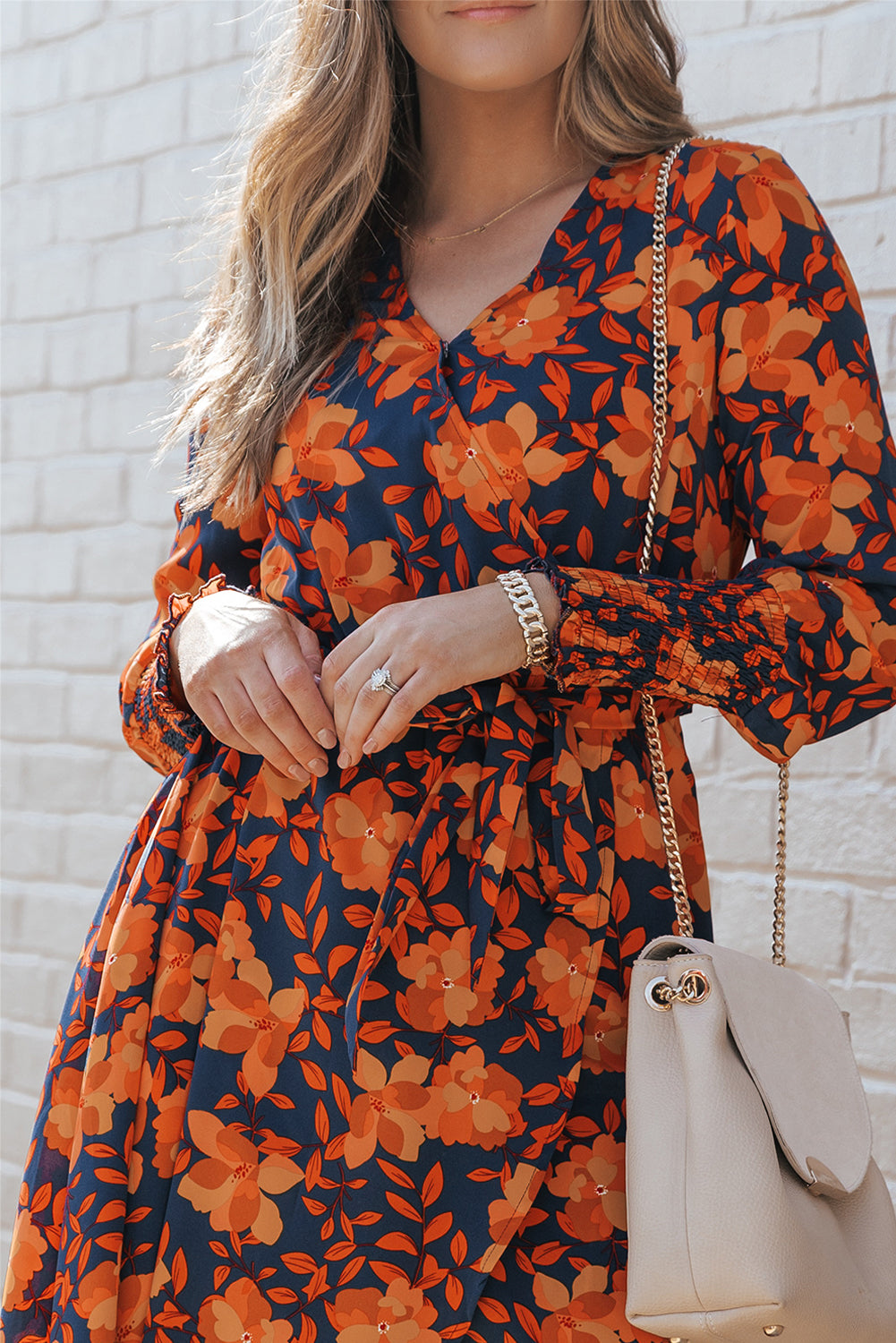 Blue Zone Planet | Orange Floral Print Faux Wrap Belted Dress-TOPS / DRESSES-[Adult]-[Female]-2022 Online Blue Zone Planet