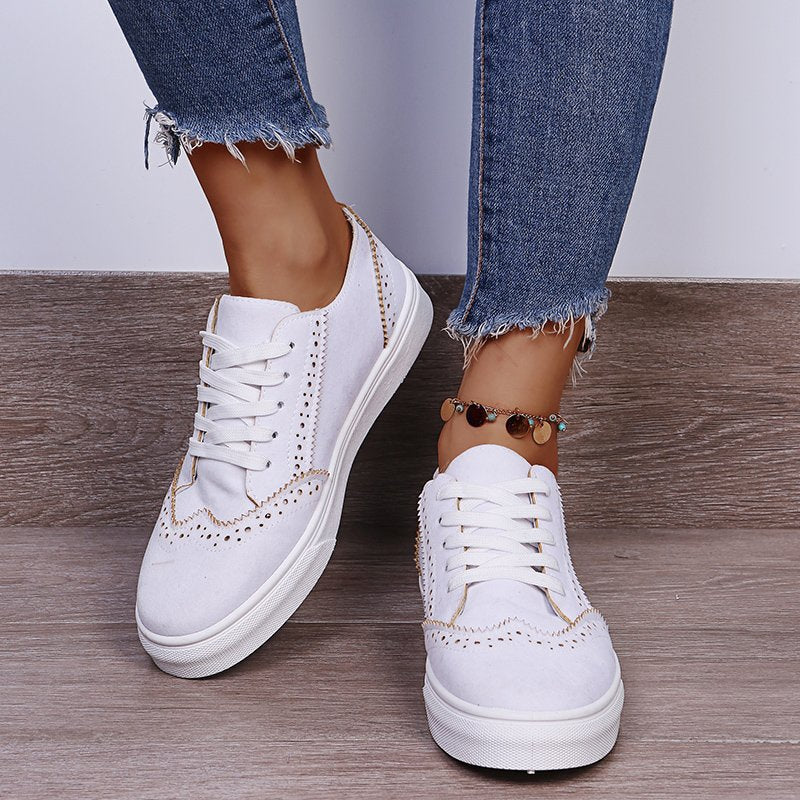 Blue Zone Planet | Lace-Up Suedette Flat Sneakers-SNEAKERS-[Adult]-[Female]-White-35(US4)-2022 Online Blue Zone Planet