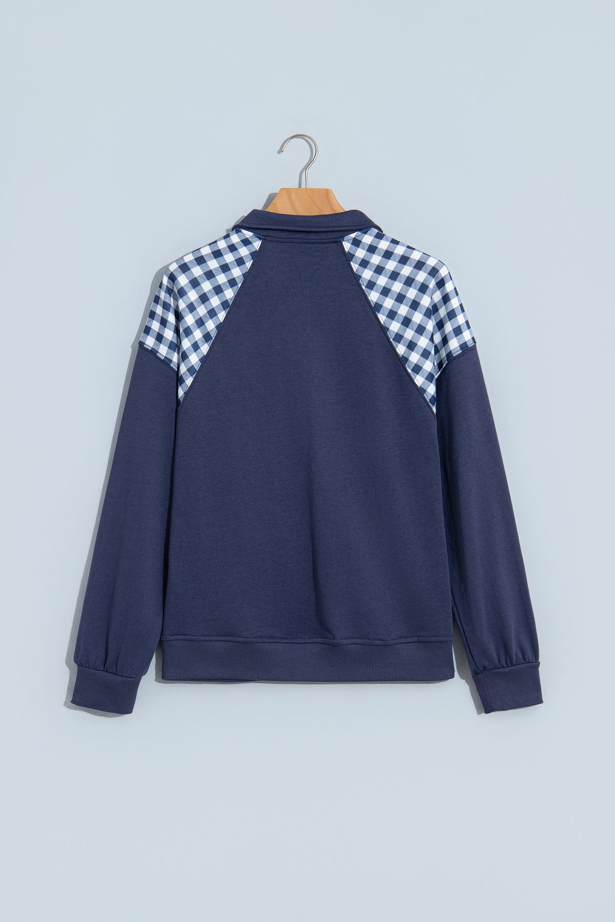 Navy Blue Patchwork Plaid Pocket Quarter Zip Sweatshirt-Tops/Sweatshirts & Hoodies-[Adult]-[Female]-2022 Online Blue Zone Planet