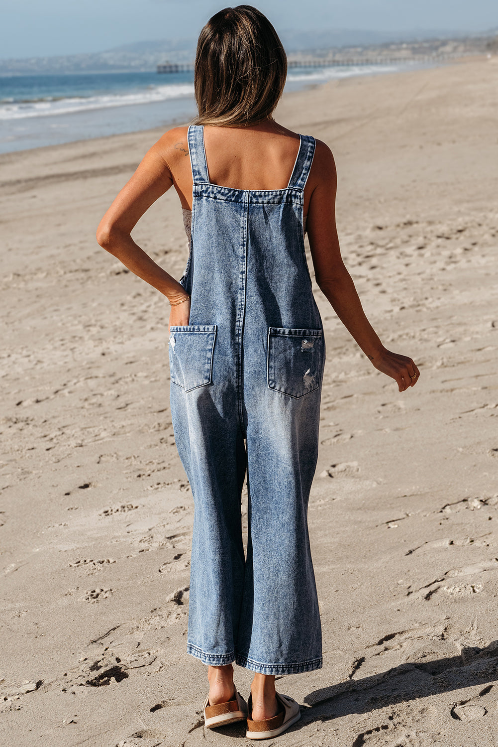 Blue Zone Planet | Stone Blue Distressed Bib Pocket Wide Leg Denim Overall-Bottoms/Jumpsuits & Rompers-[Adult]-[Female]-2022 Online Blue Zone Planet