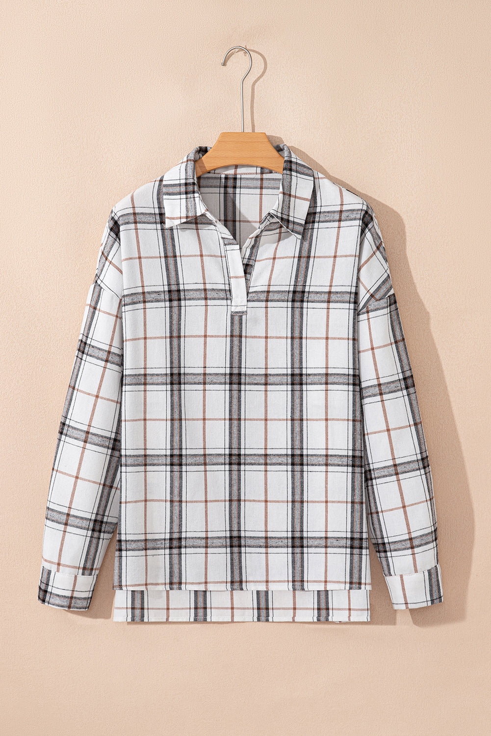 Red Plaid Print Collared V Neck Loose Blouse With Side Slits-Tops/Blouses & Shirts-[Adult]-[Female]-2022 Online Blue Zone Planet