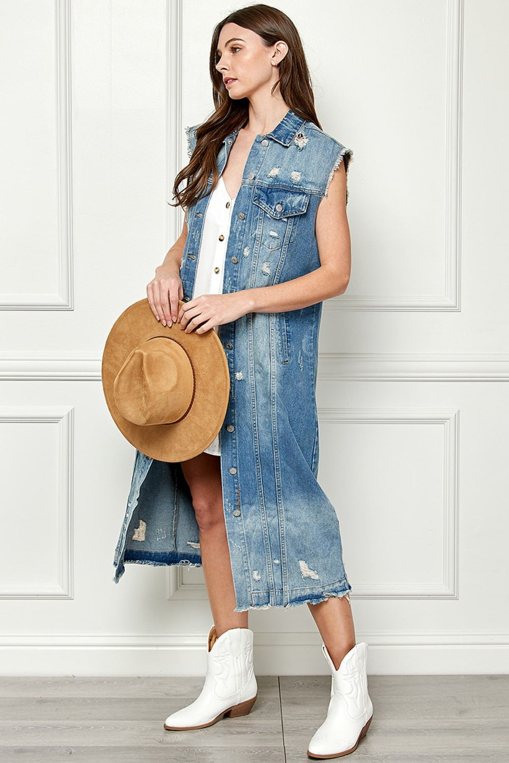 Veveret Full Size Distressed Sleeveless Longline Denim Jacket-TOPS / DRESSES-[Adult]-[Female]-2022 Online Blue Zone Planet