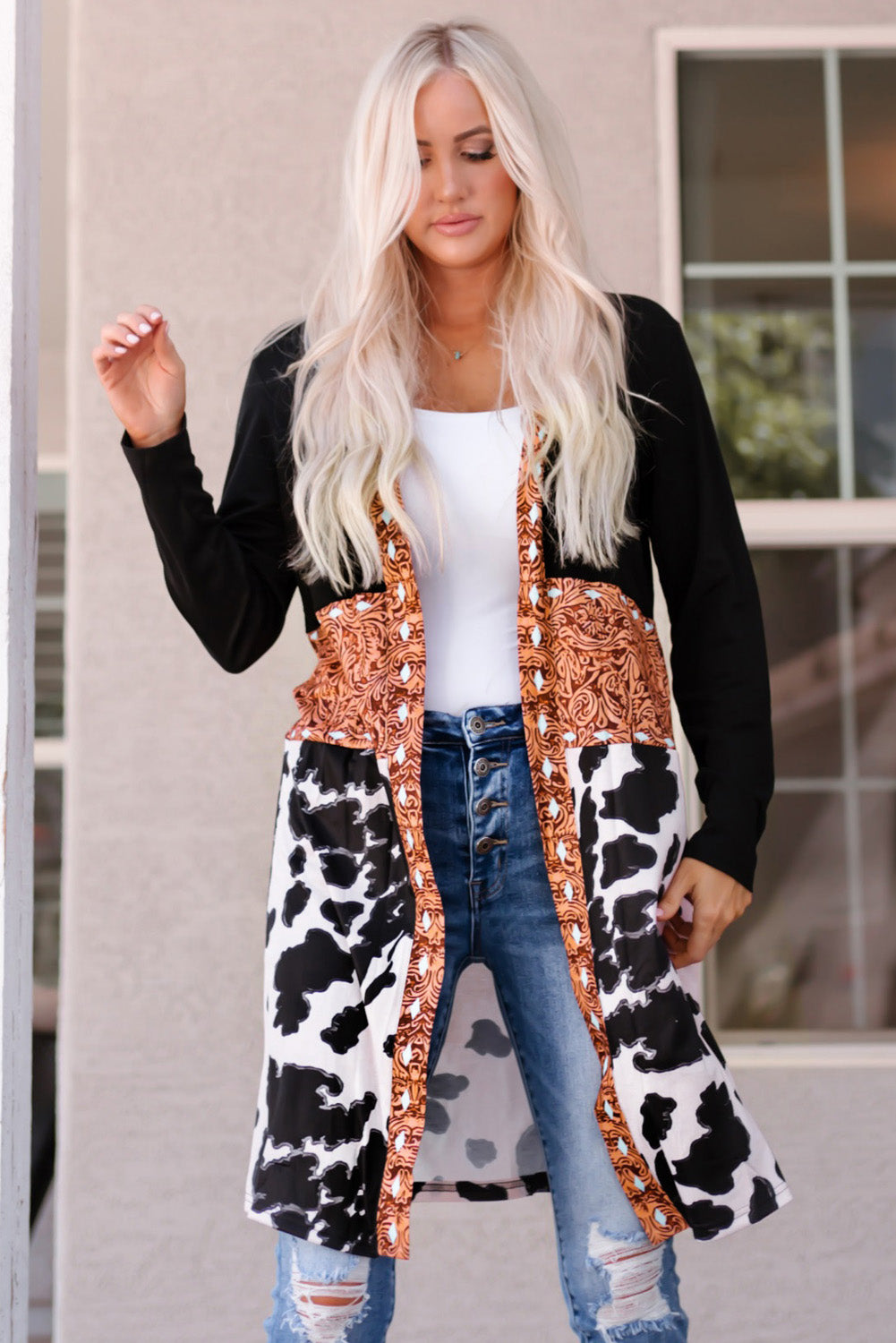 Black Western Pattern Cow Patchwork Open Front Cardigan-Sweaters & Cardigans/Cardigans-[Adult]-[Female]-2022 Online Blue Zone Planet