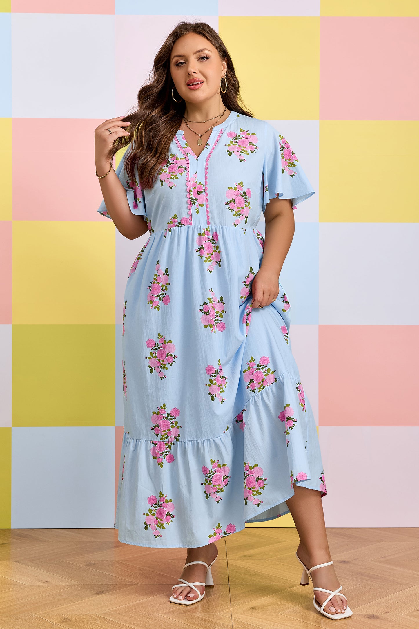 Sky Blue Plus Size Floral Print Scalloped Trim V-Neck Dress-Plus Size/Plus Size Dresses/Plus Size Maxi Dresses-[Adult]-[Female]-2022 Online Blue Zone Planet