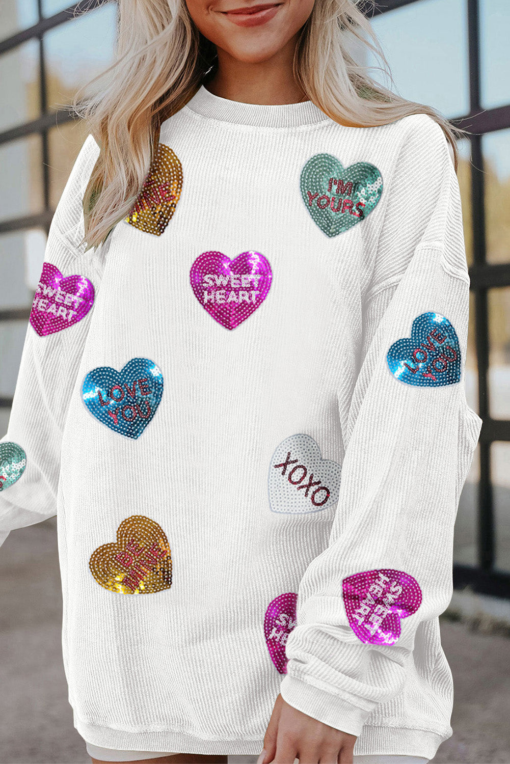 White Valentines Slogan Heart Sequin Corded Baggy Sweatshirt-Graphic/Graphic Sweatshirts-[Adult]-[Female]-2022 Online Blue Zone Planet