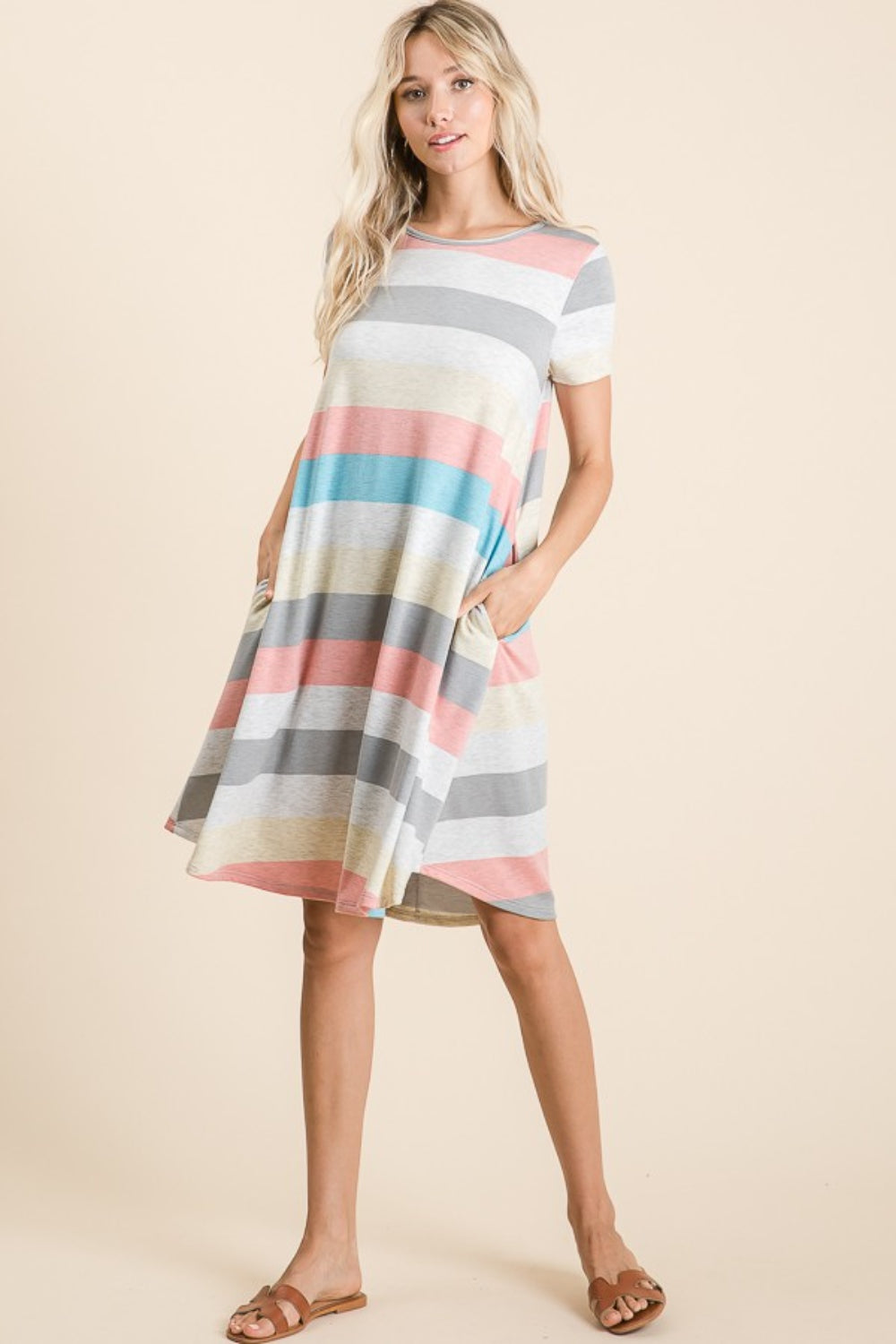 BOMBOM Striped Short Sleeve Dress with Pockets-TOPS / DRESSES-[Adult]-[Female]-2022 Online Blue Zone Planet