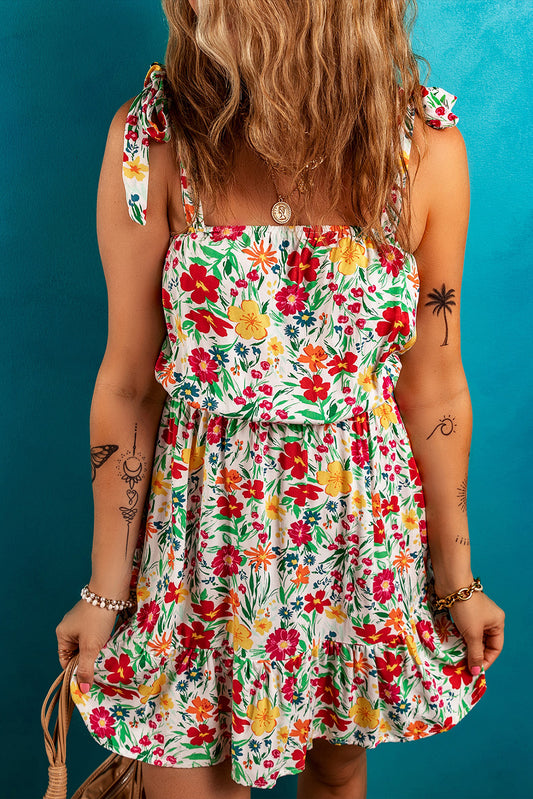 Red Floral Knotted Straps Cinched Waist Ruffle Hem Mini Dress-Dresses/Floral Dresses-[Adult]-[Female]-Red-S-2022 Online Blue Zone Planet