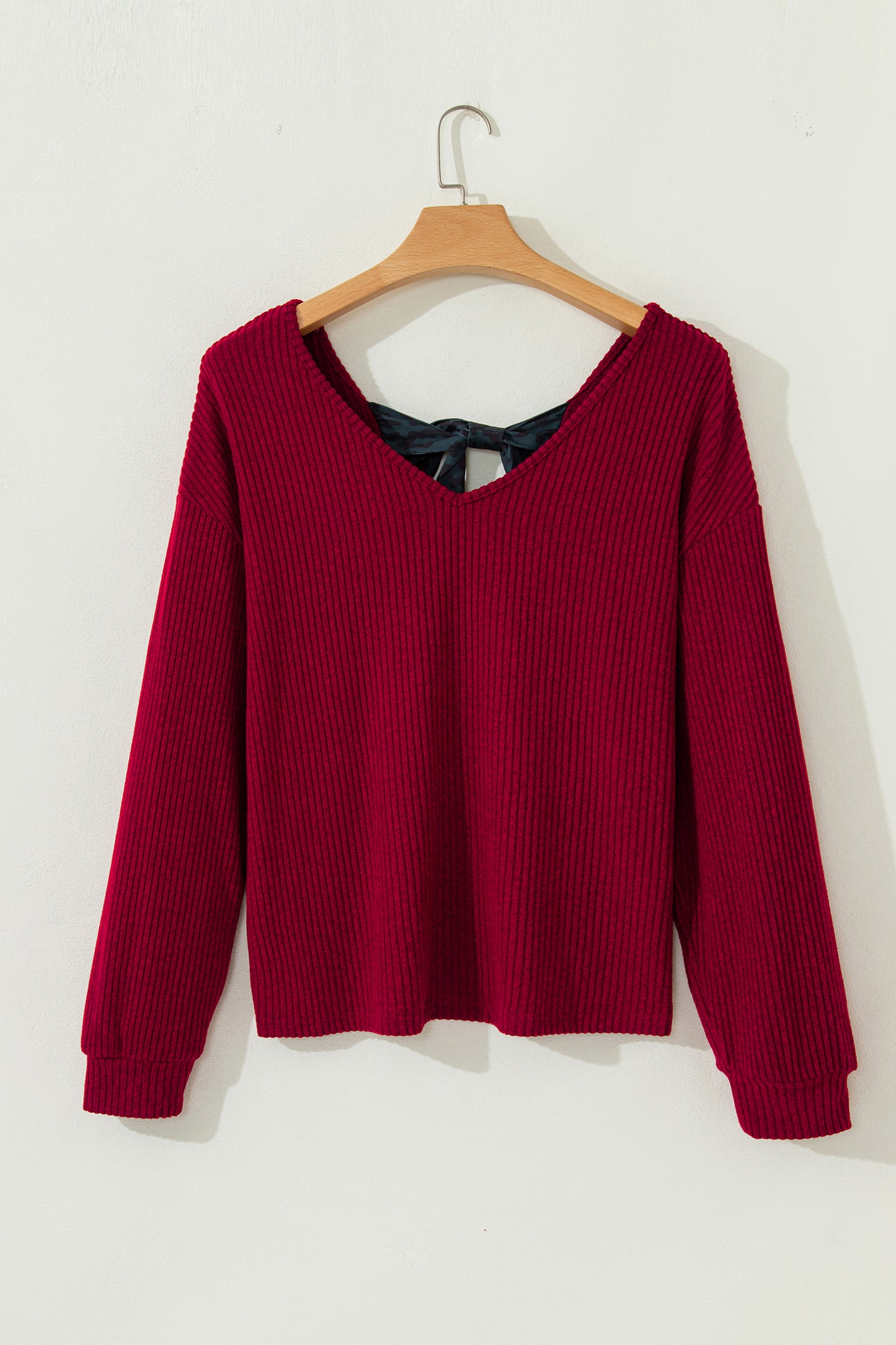 Racing Red Ribbed V Neck Contrast Ribbon Bow Back Drop Shoulder Long Sleeve Top-Tops/Blouses & Shirts-[Adult]-[Female]-2022 Online Blue Zone Planet