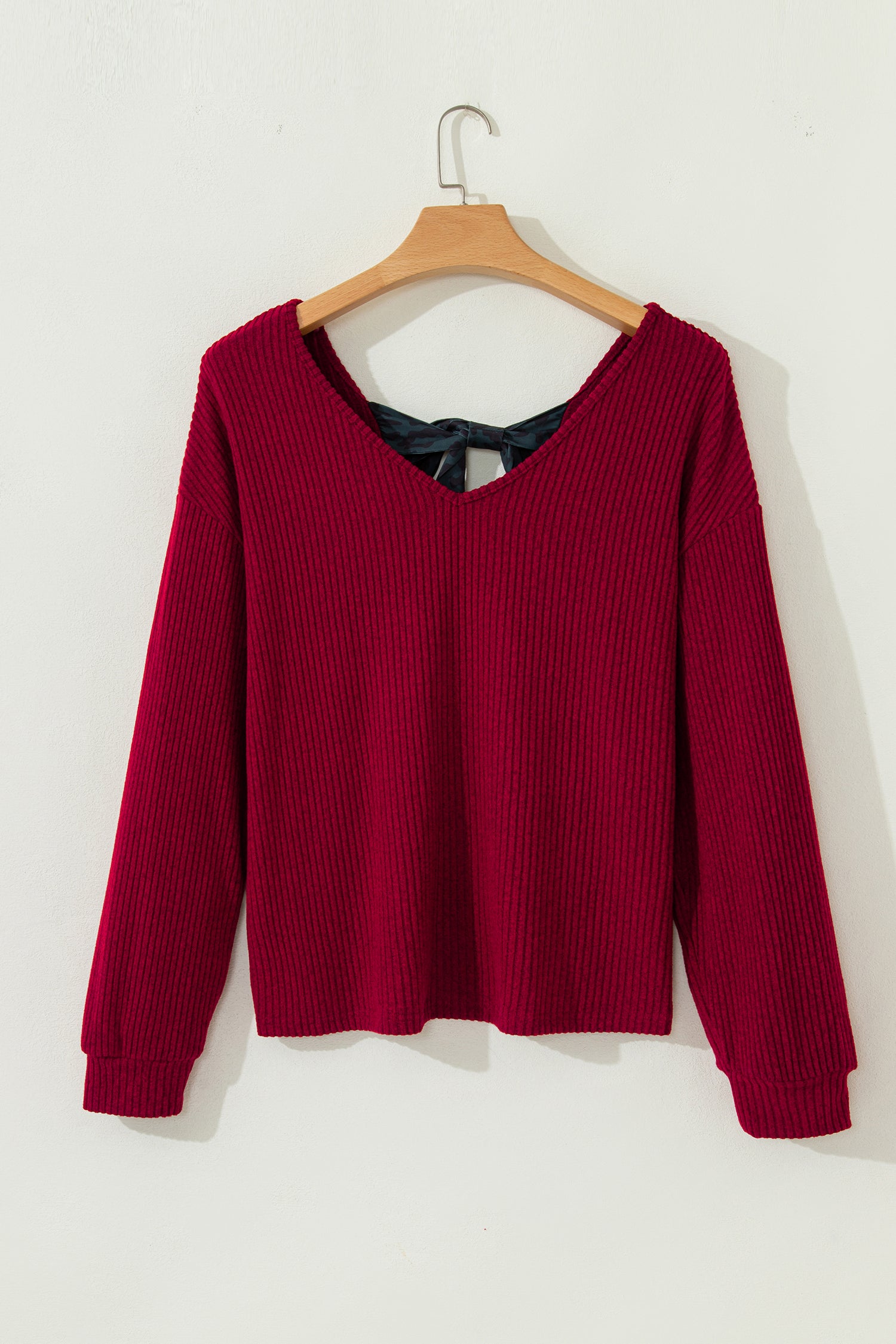 Racing Red Ribbed V Neck Contrast Ribbon Bow Back Drop Shoulder Long Sleeve Top-Tops/Blouses & Shirts-[Adult]-[Female]-2022 Online Blue Zone Planet